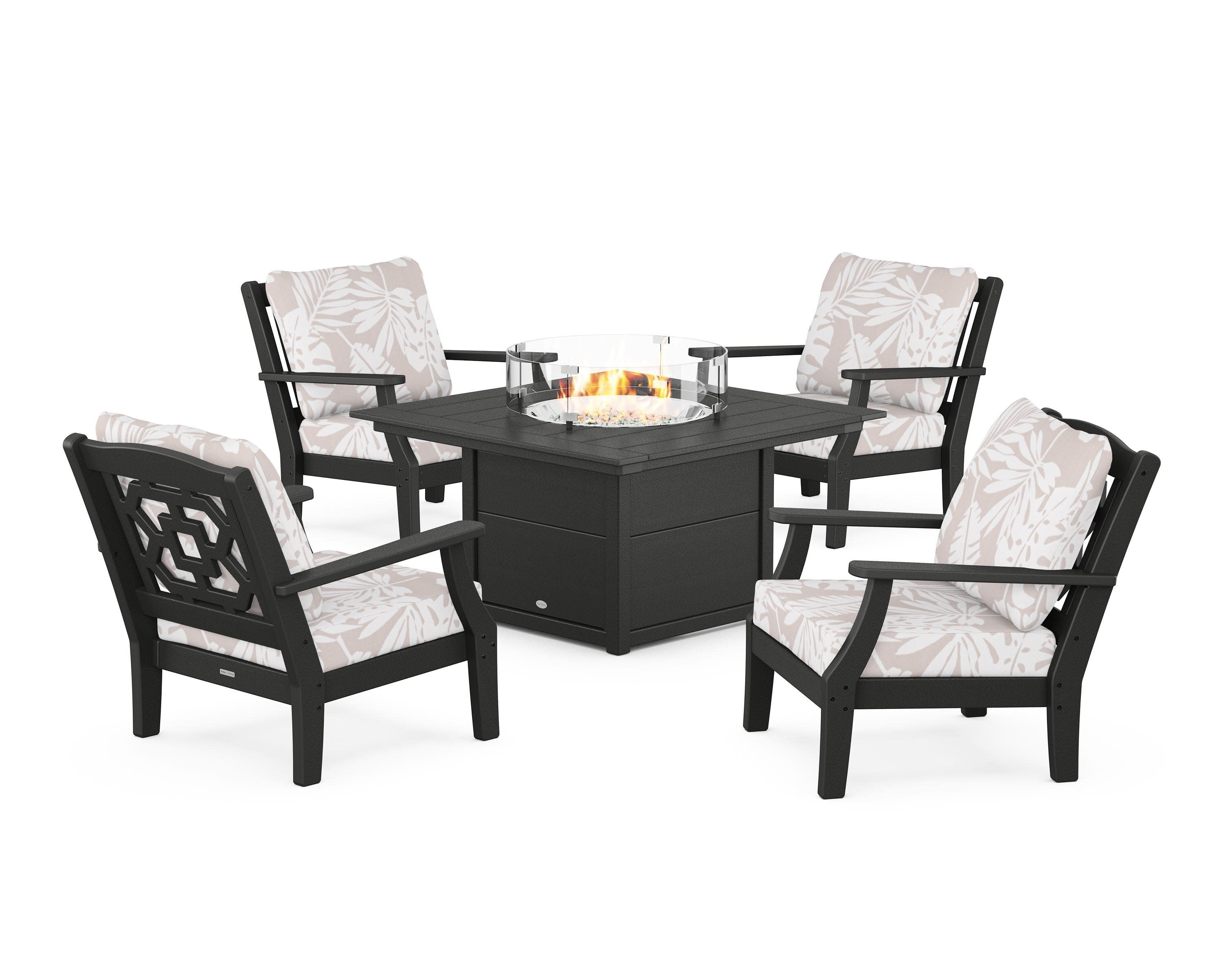 Chinoiserie 5-Piece Deep Seating Set with Fire Pit Table in Black / Leaf Dune Burlap