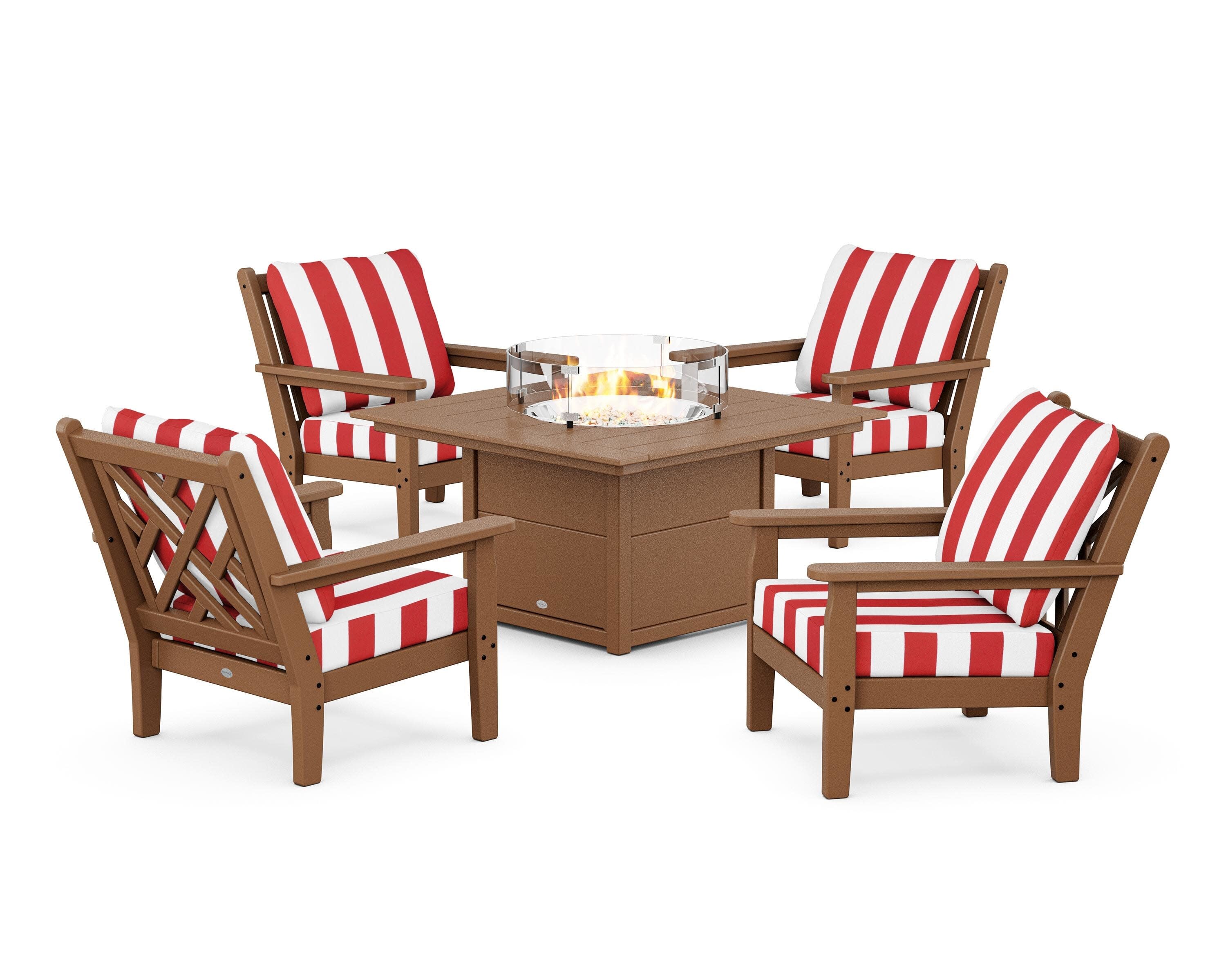 Chippendale 5-Piece Deep Seating Set with Fire Pit Table in Teak / Cabana Stripe Crimson