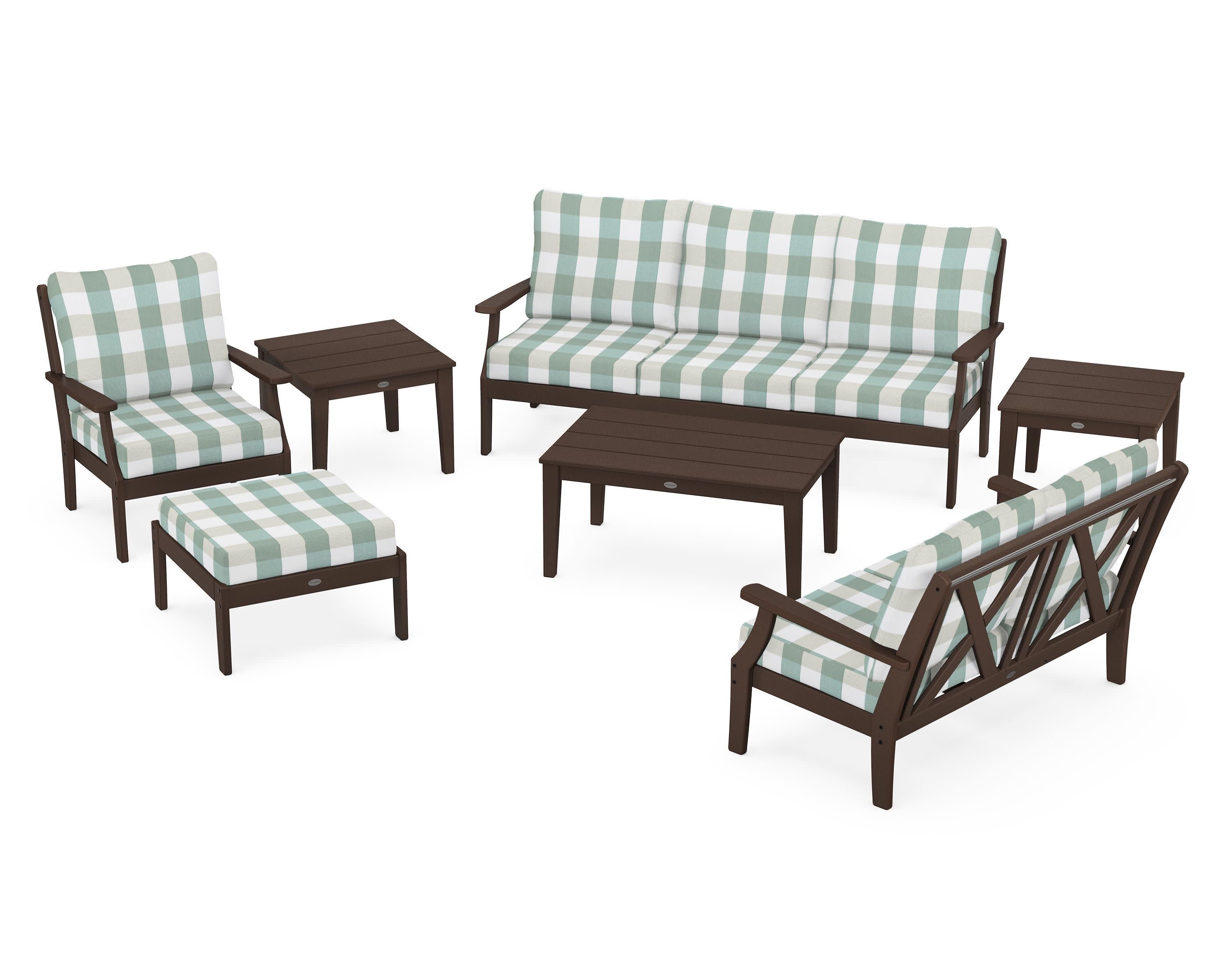 Braxton 7-Piece Deep Seating Set in Mahogany / Buffalo Plaid Glacier Spa