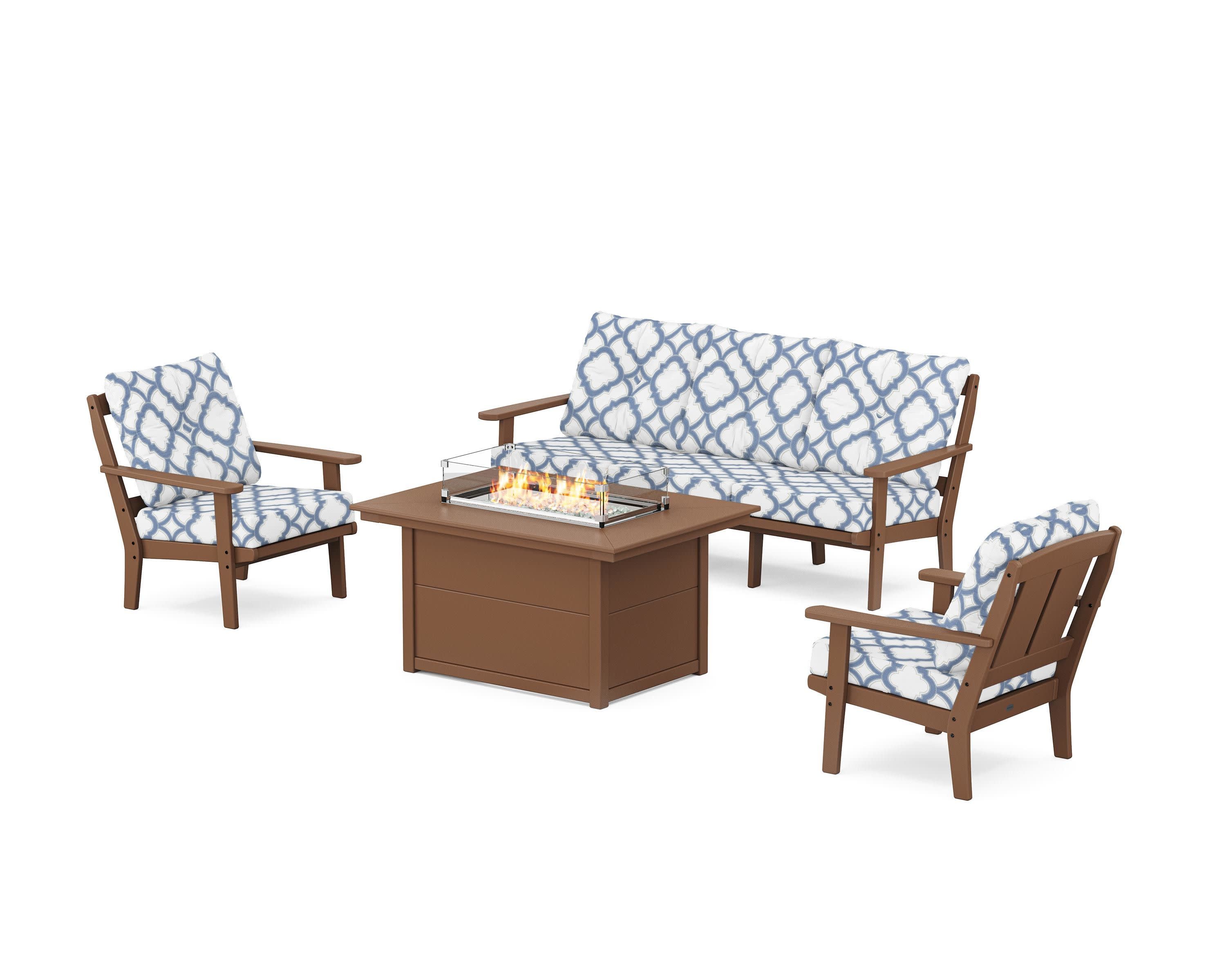Mission Deep Seating Fire Pit Table Set in Teak / Trellis Sky Blue