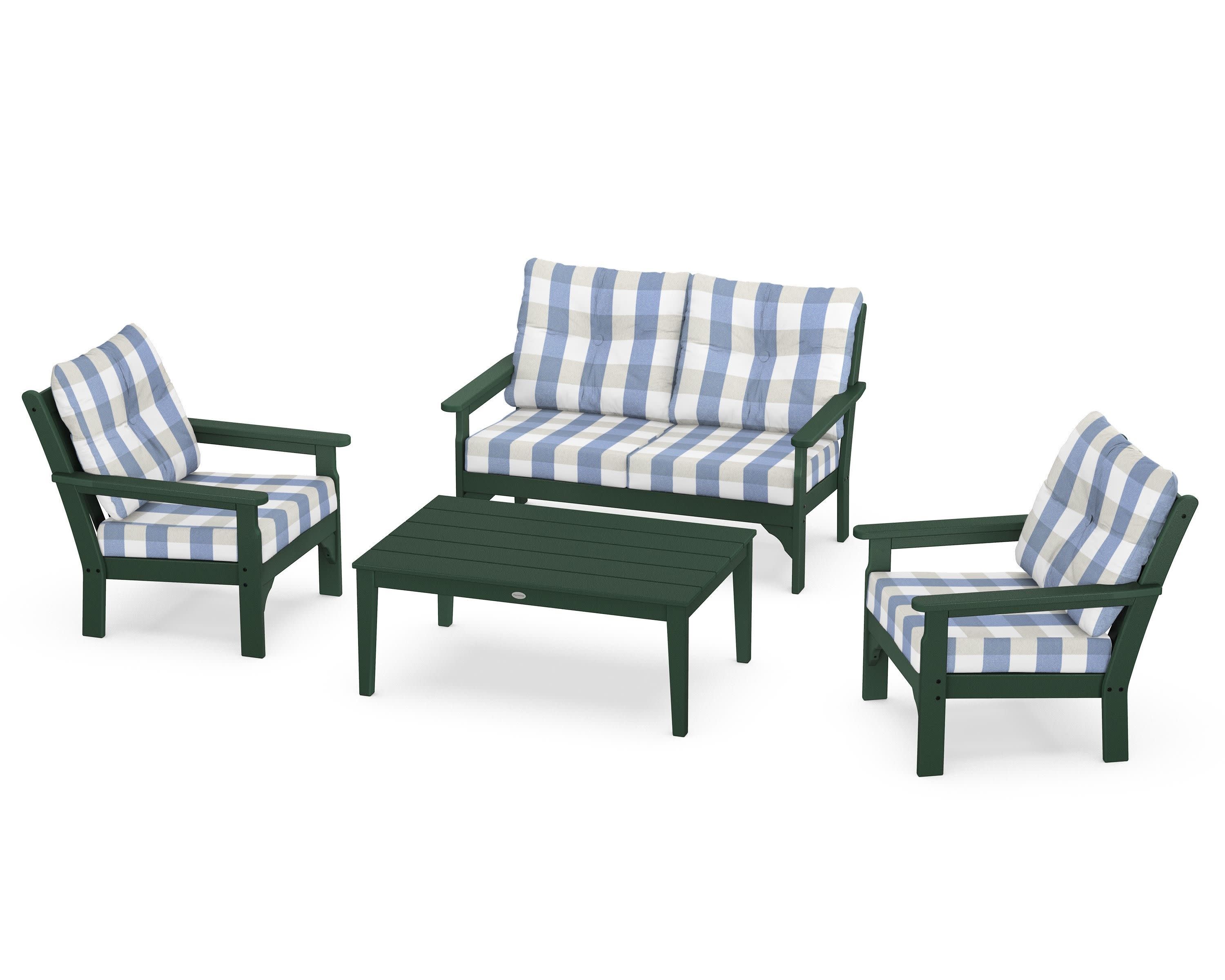 Vineyard 4-Piece Deep Seating Set in Green / Buffalo Plaid Sky Blue