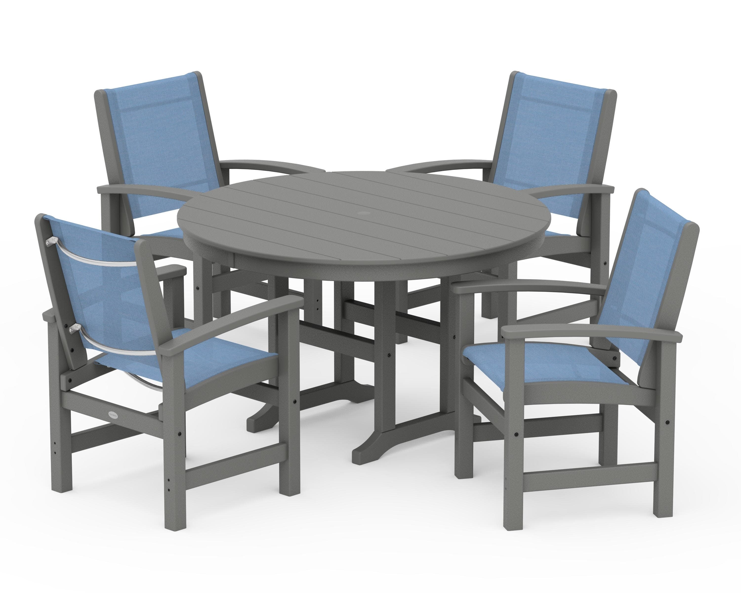 Coastal 5-Piece Round Farmhouse Dining Set in Slate Grey / Poolside Sling