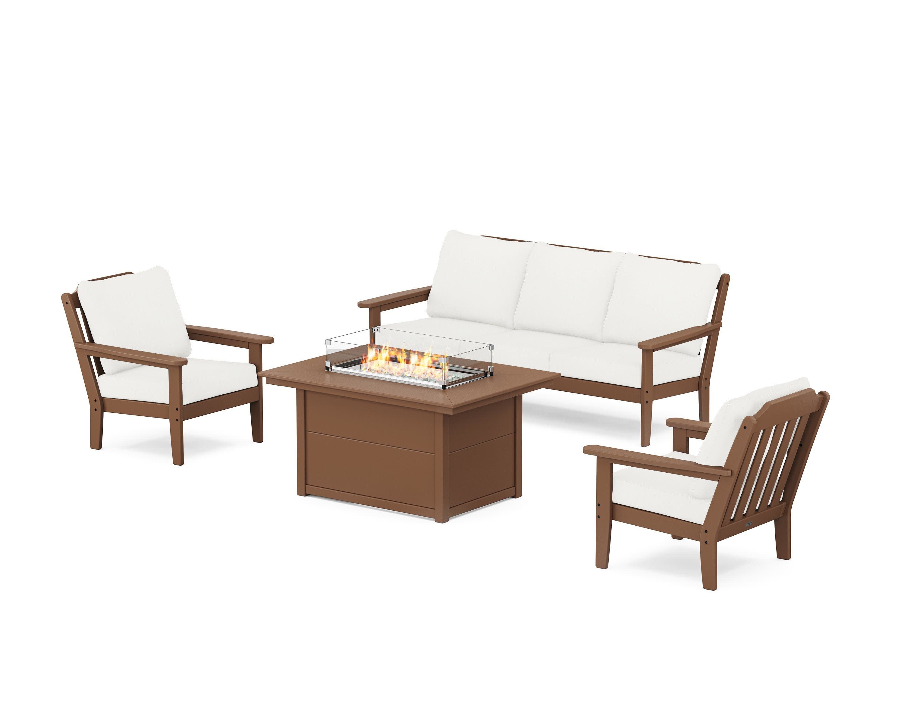 Cottage Deep Seating Fire Pit Table Set in Teak / Natural Linen
