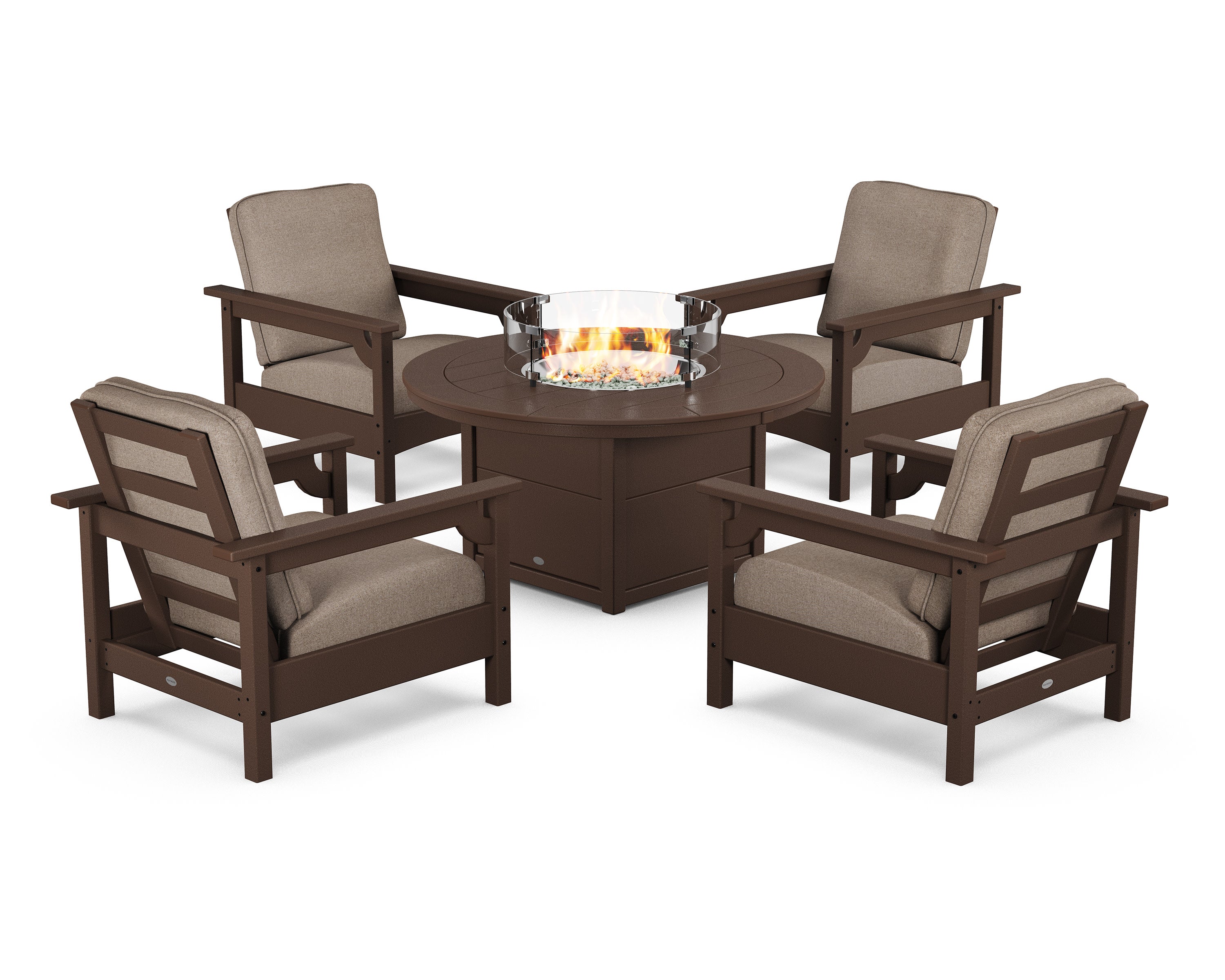 Club 5-Piece Conversation Set with Fire Pit Table in Mahogany / Spiced Burlap