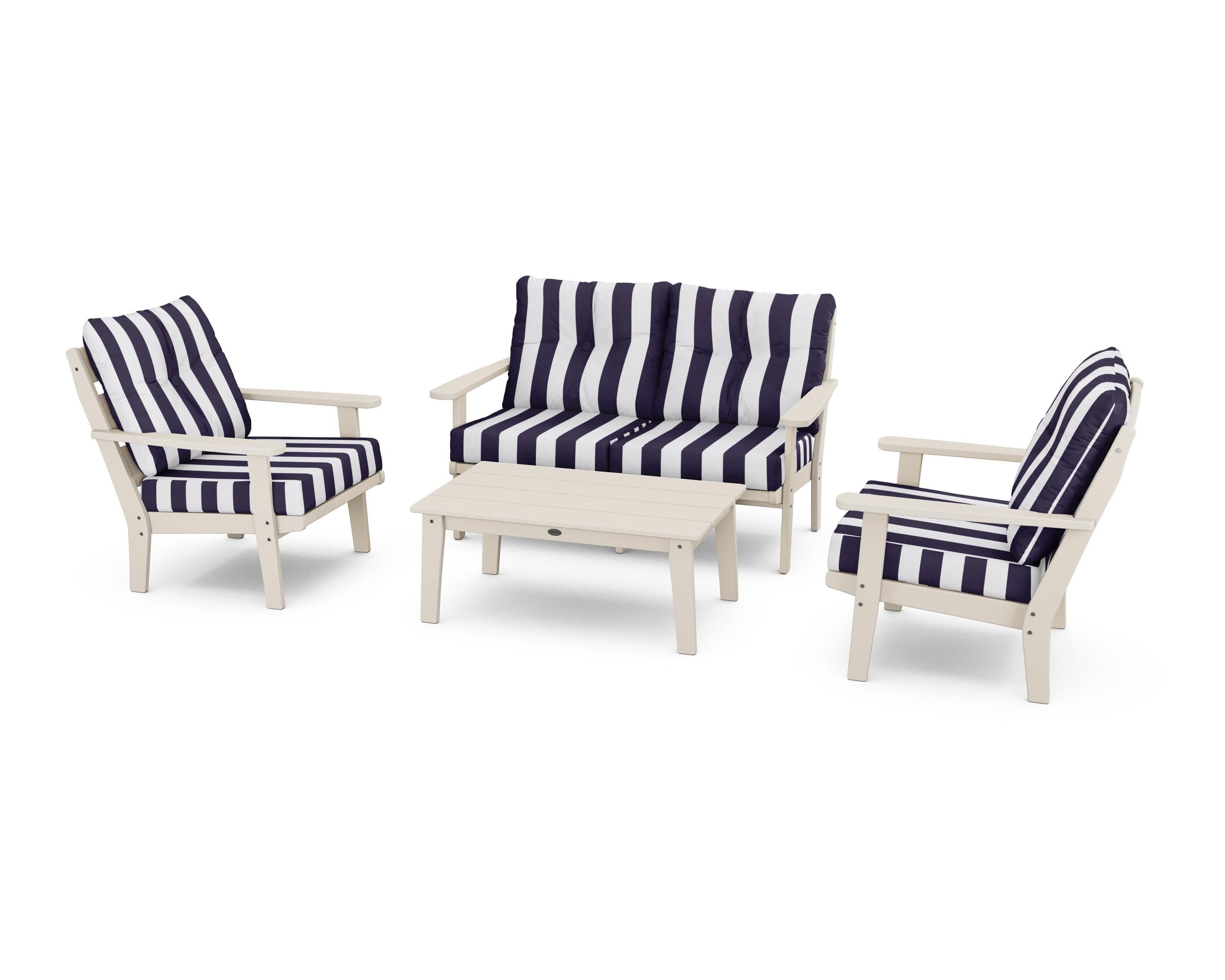 Lakeside 4-Piece Deep Seating Set in Sand / Cabana Stripe Navy