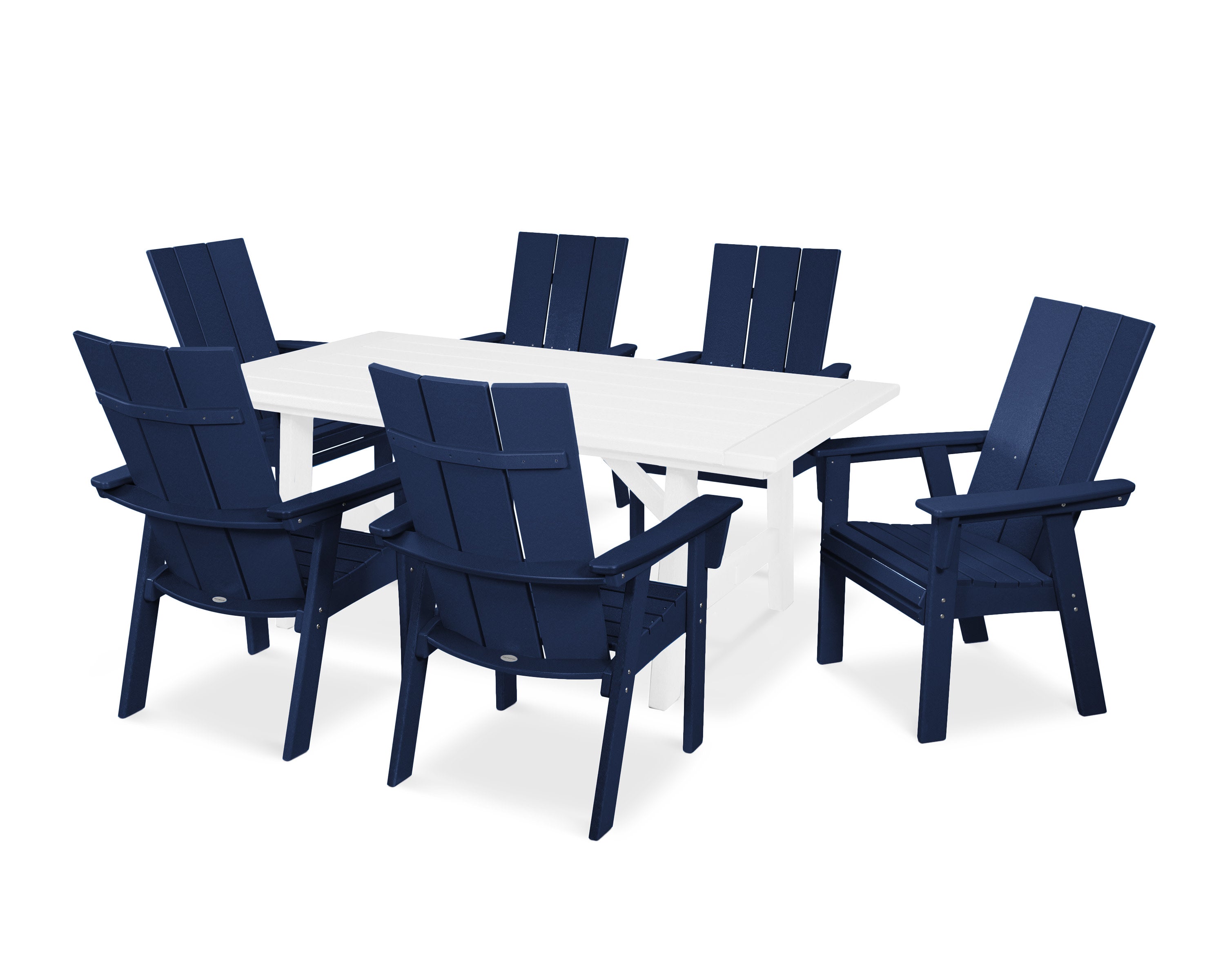 Modern Curveback Adirondack 7-Piece Rustic Farmhouse Dining Set in Navy / White