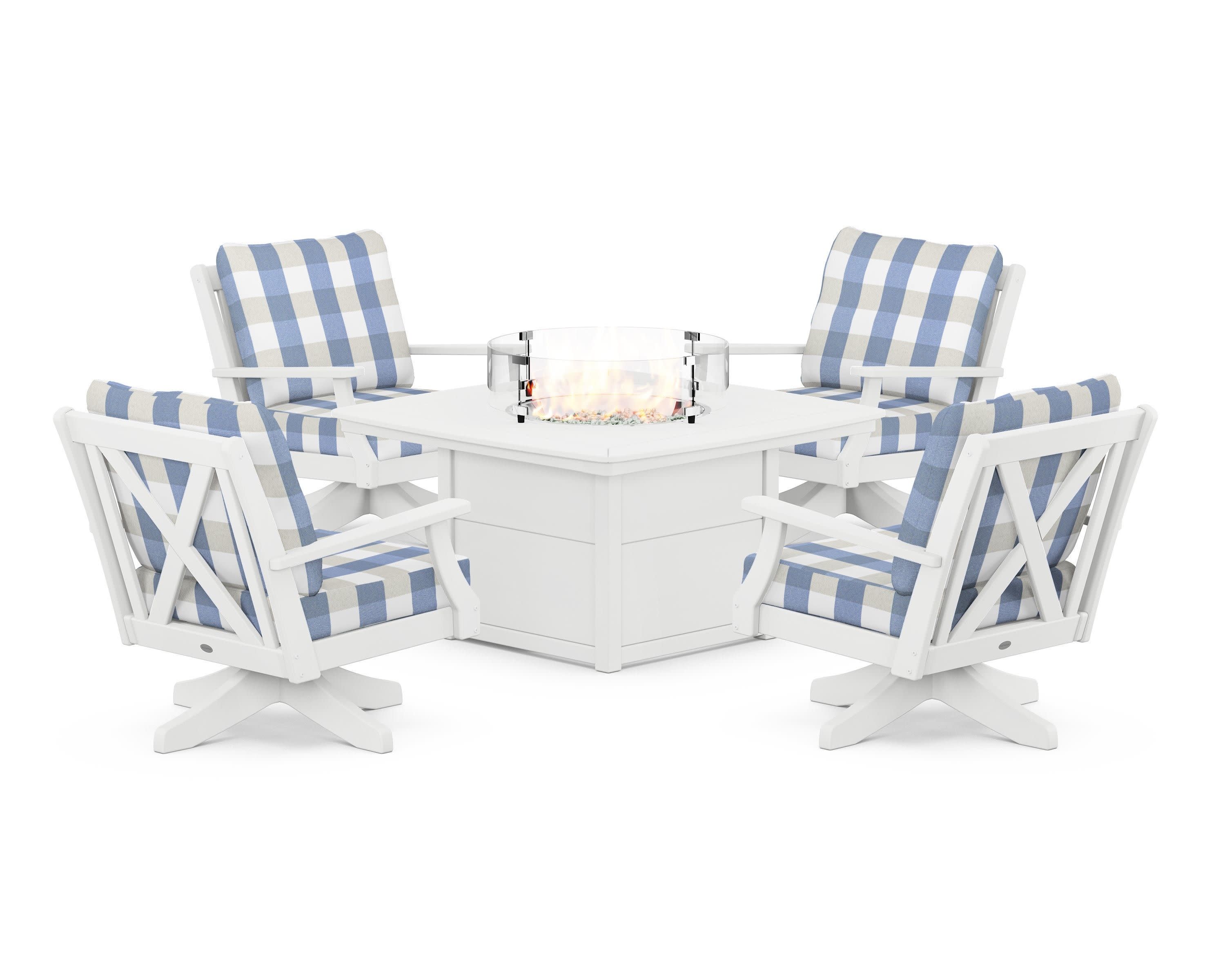 Braxton 5-Piece Deep Seating Swivel Conversation Set with Fire Pit Table in White / Buffalo Plaid Sky Blue