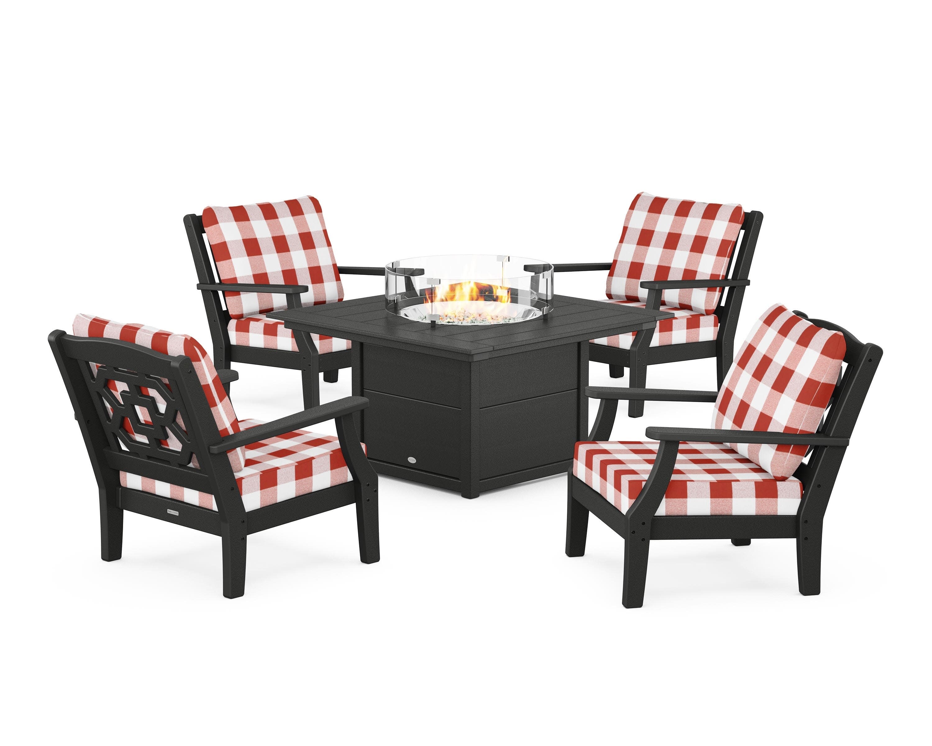 Chinoiserie 5-Piece Deep Seating Set with Fire Pit Table in Black / Buffalo Plaid Crimson