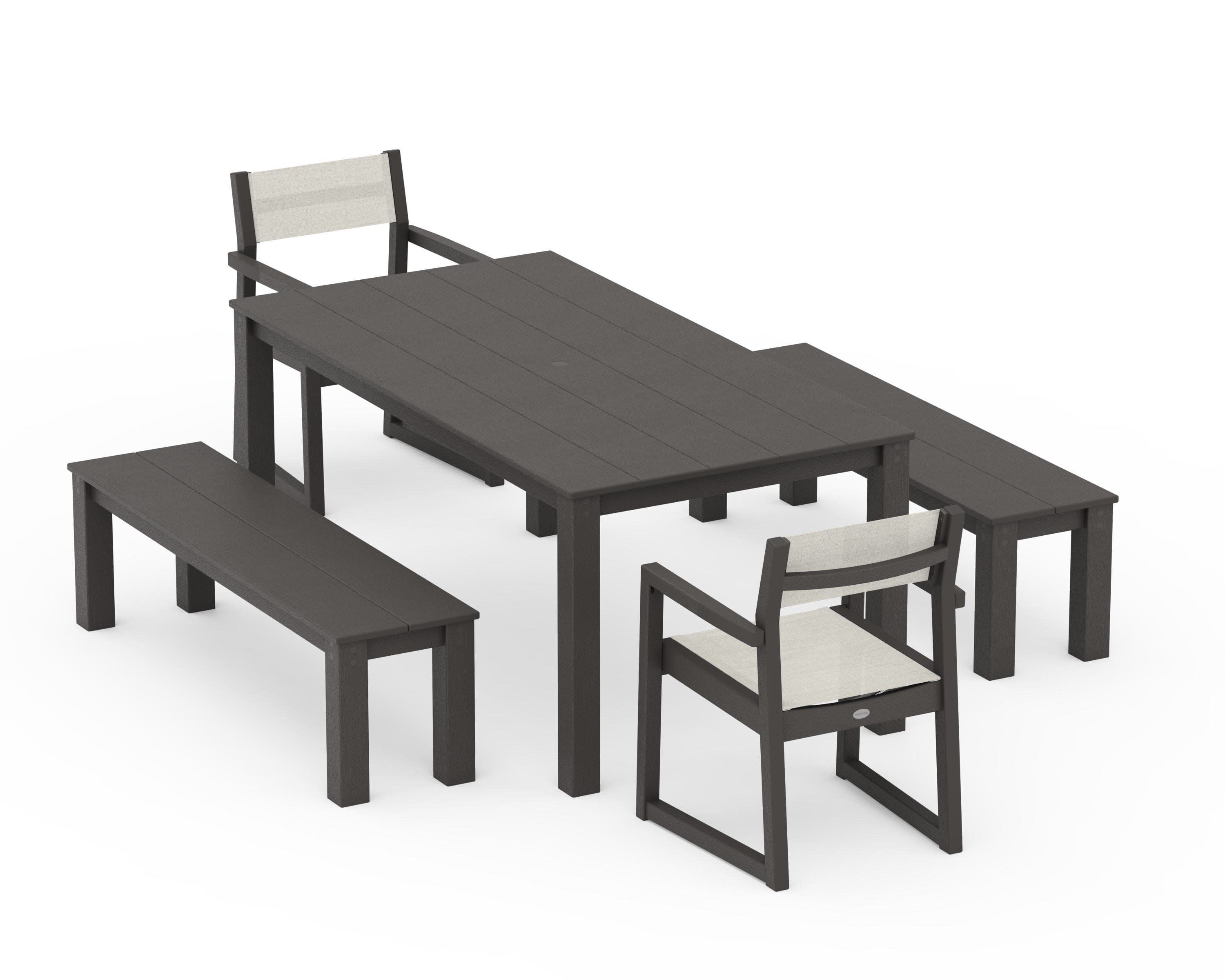 EDGE Sling Arm Chair 5-Piece Parsons Dining Set with Benches in Vintage Coffee / Parchment Sling