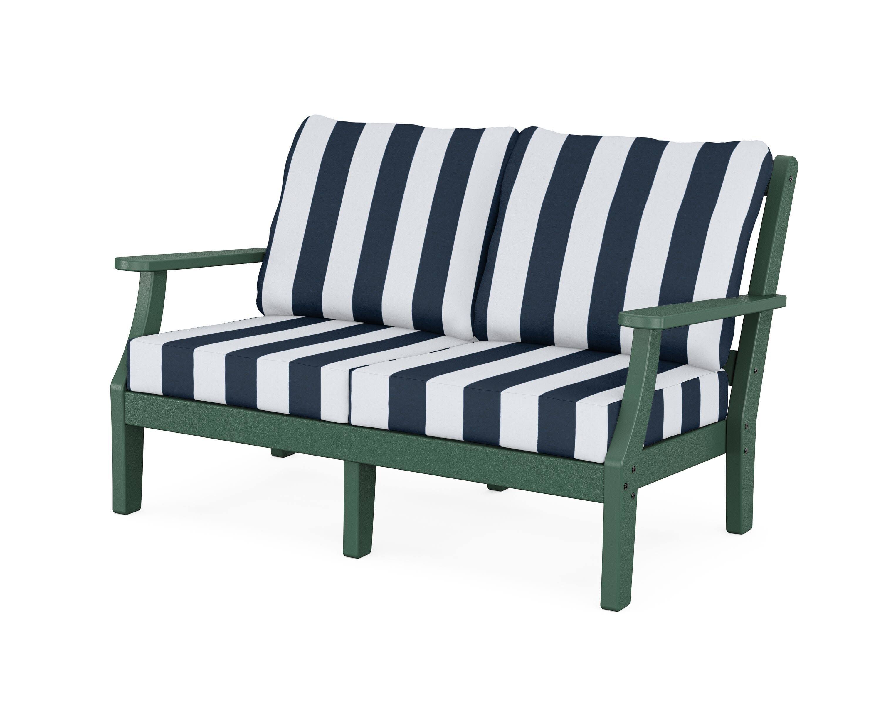 Chinoiserie Deep Seating Loveseat in Green / Cabana Stripe Marine Indigo