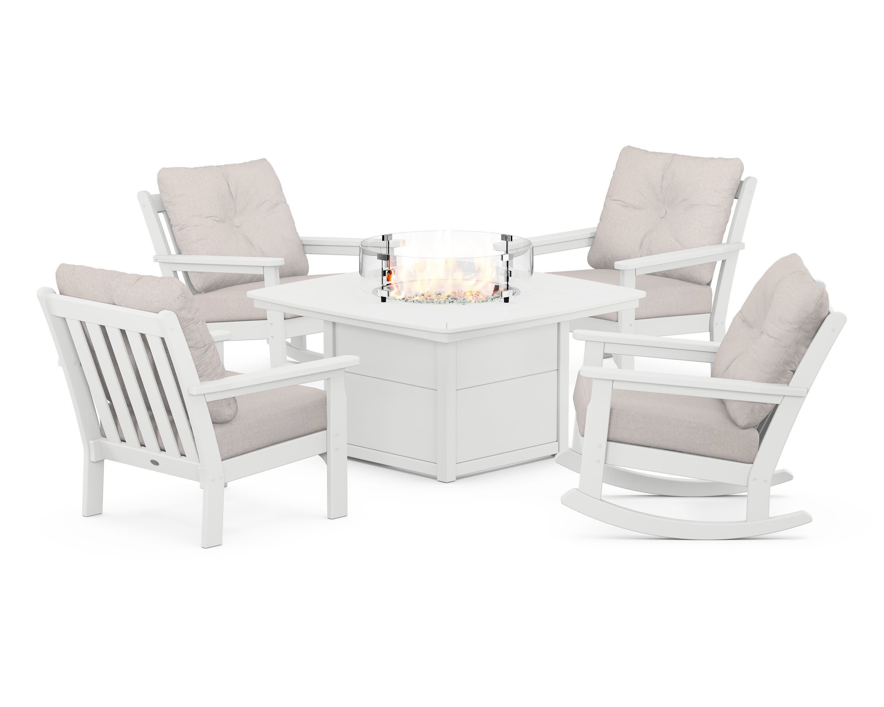 Vineyard 5-Piece Deep Seating Rocking Chair Conversation Set with Fire Pit Table in White / Dune Burlap