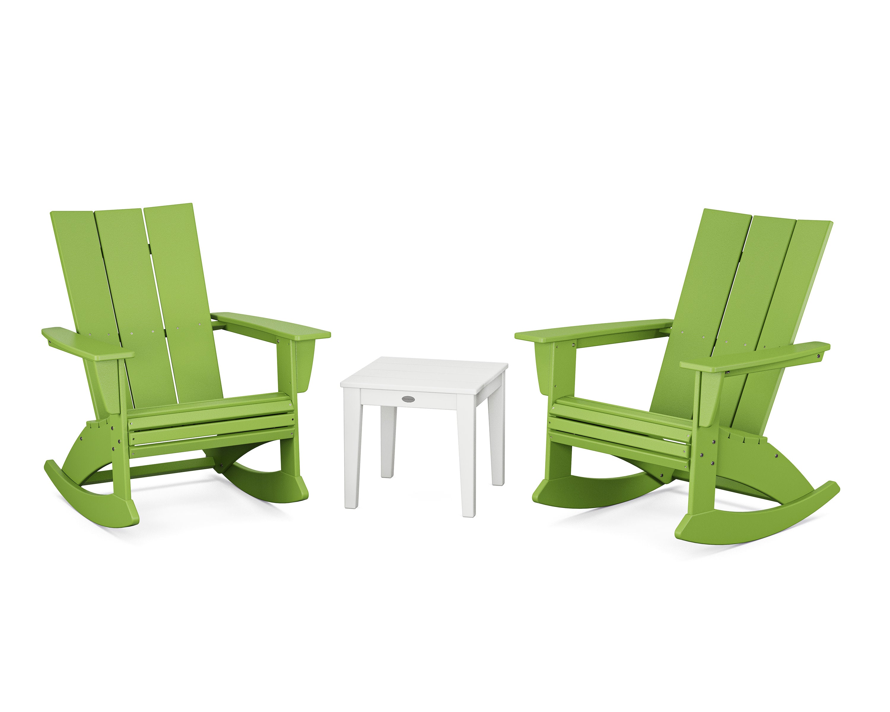 Modern Curveback 3-Piece Adirondack Rocking Chair Set in Lime / White