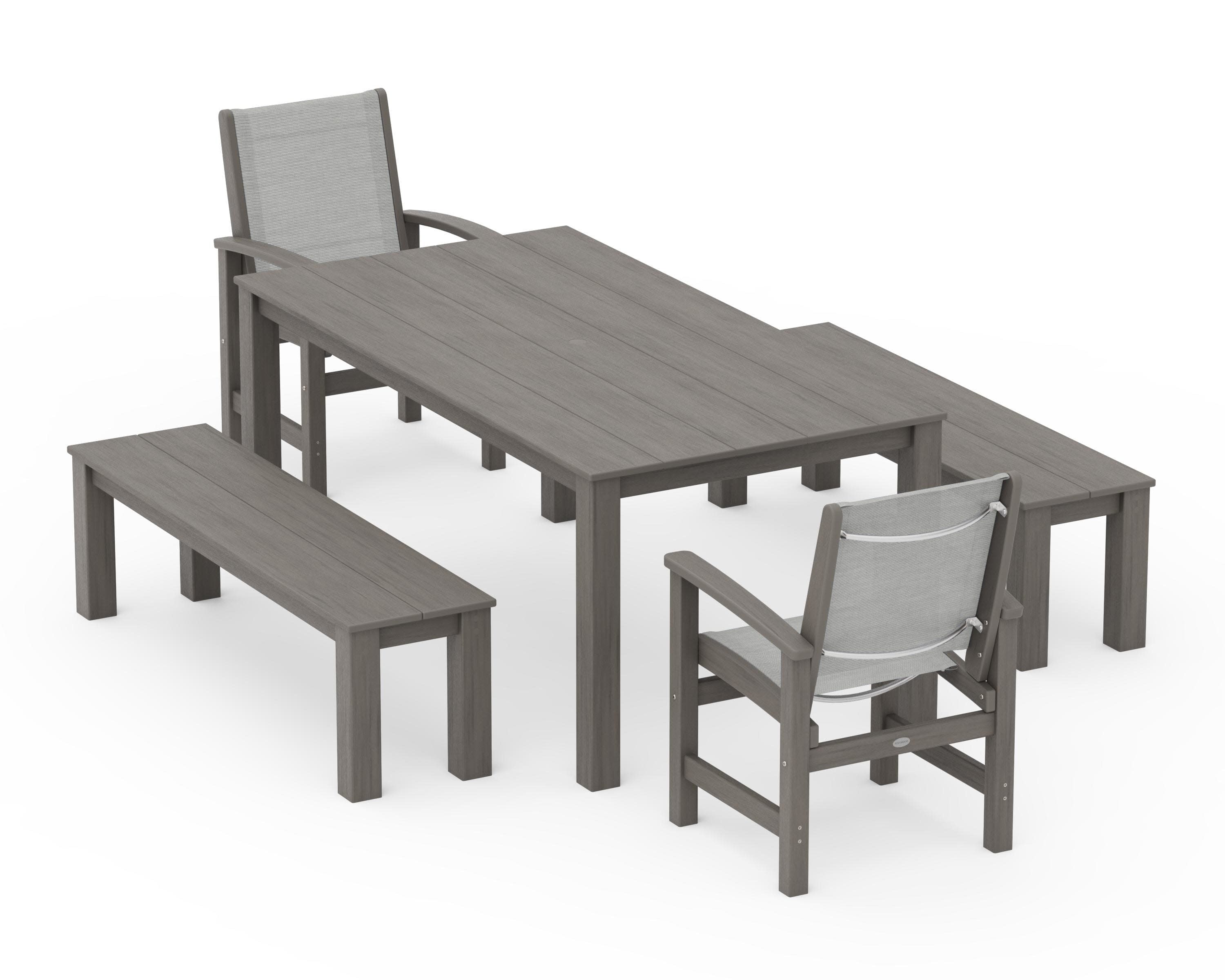 Coastal 5-Piece Parsons Dining Set with Benches in Driftwood / Metallic Sling