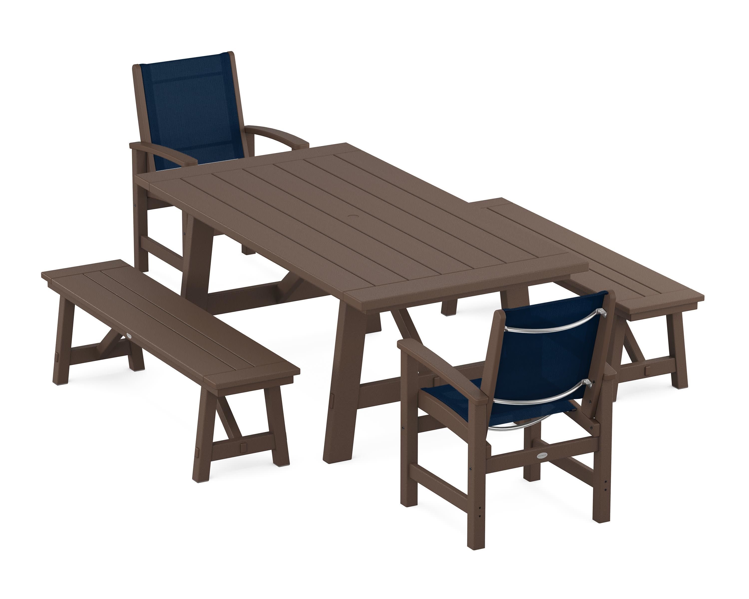 Coastal 5-Piece Rustic Farmhouse Dining Set With Benches in Mahogany / Navy Blue Sling