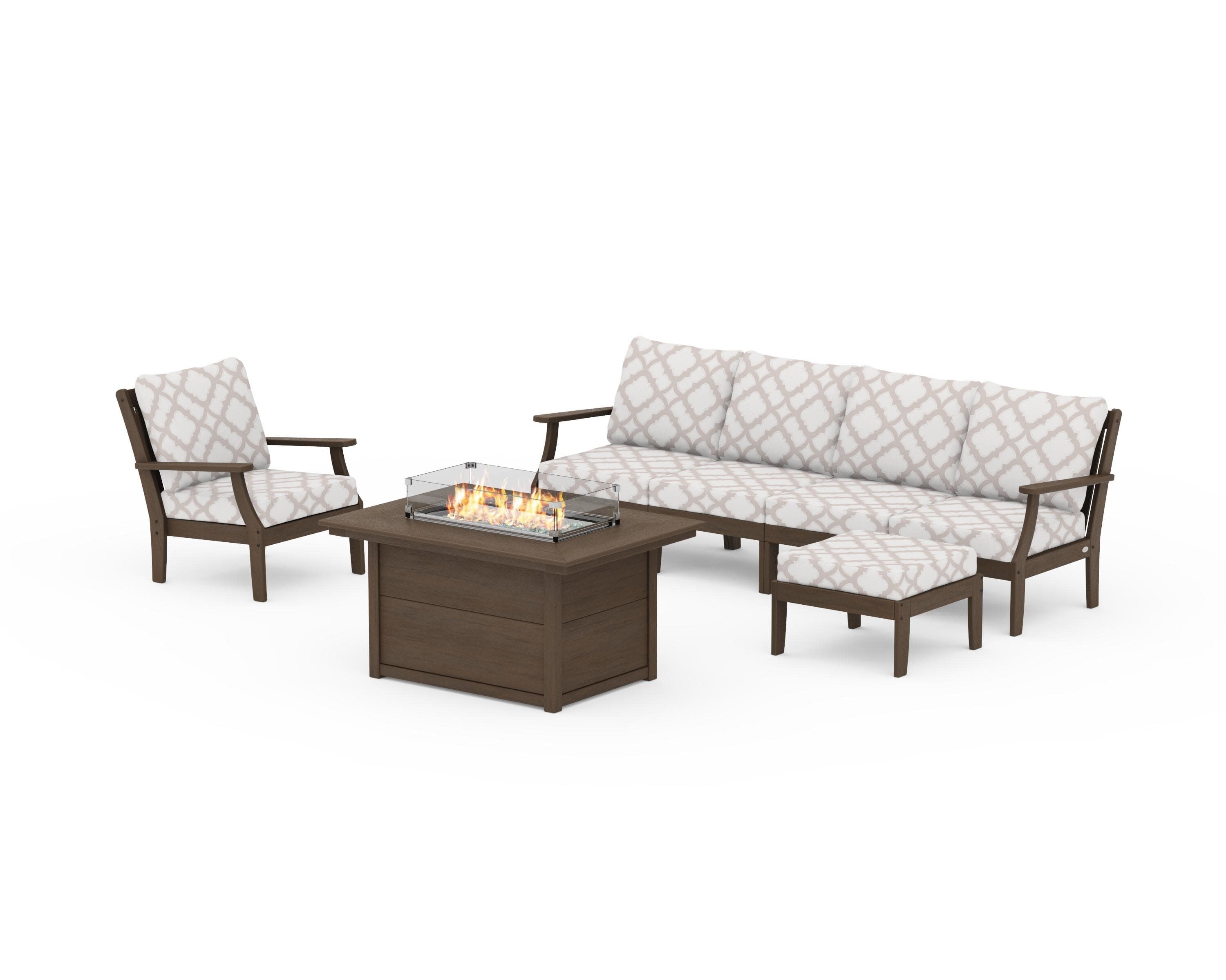 Braxton Sectional Lounge and Fire Pit Set in Kona / Trellis Dune Burlap