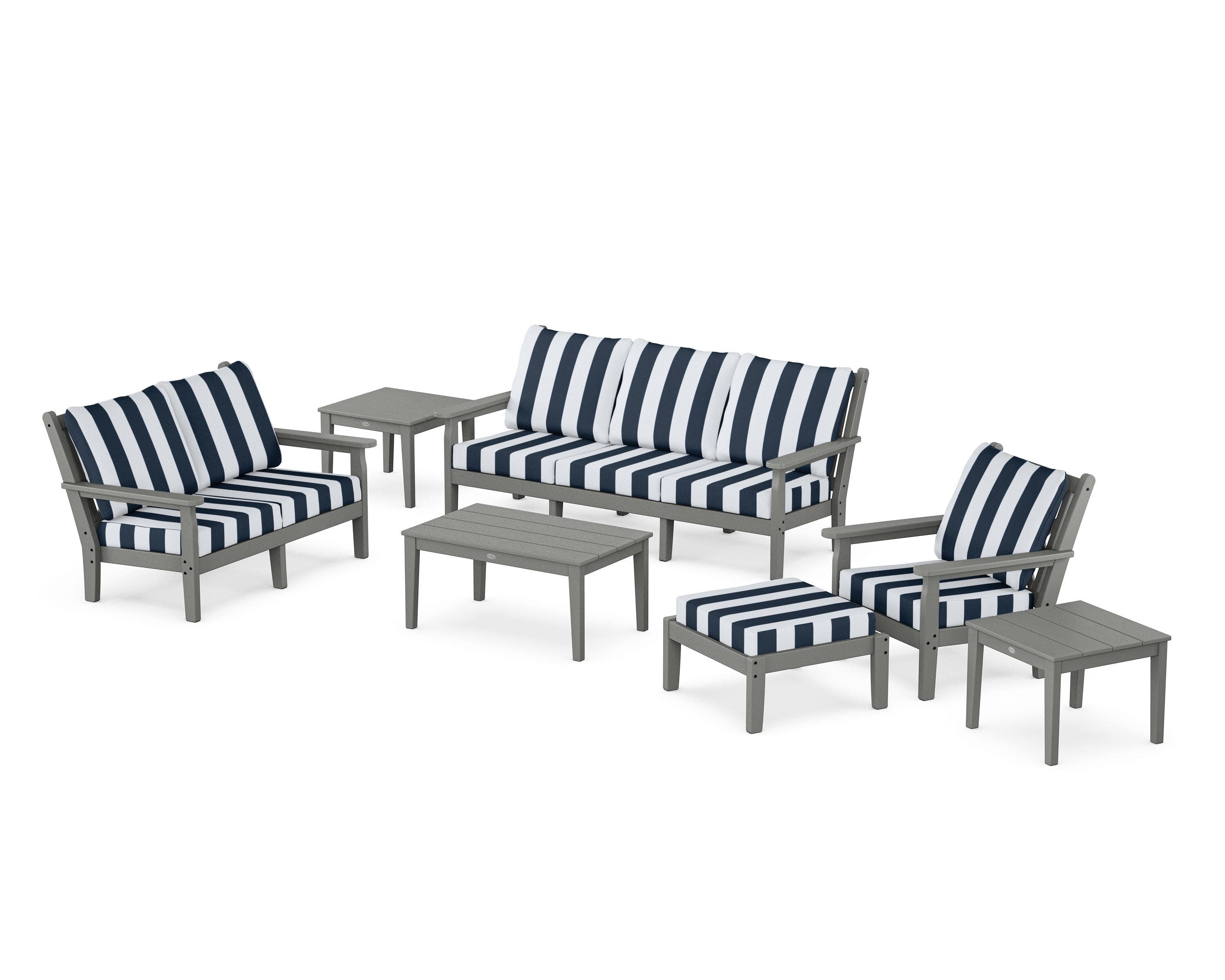 Chippendale 7-Piece Deep Seating Set in Slate Grey / Cabana Stripe Marine Indigo
