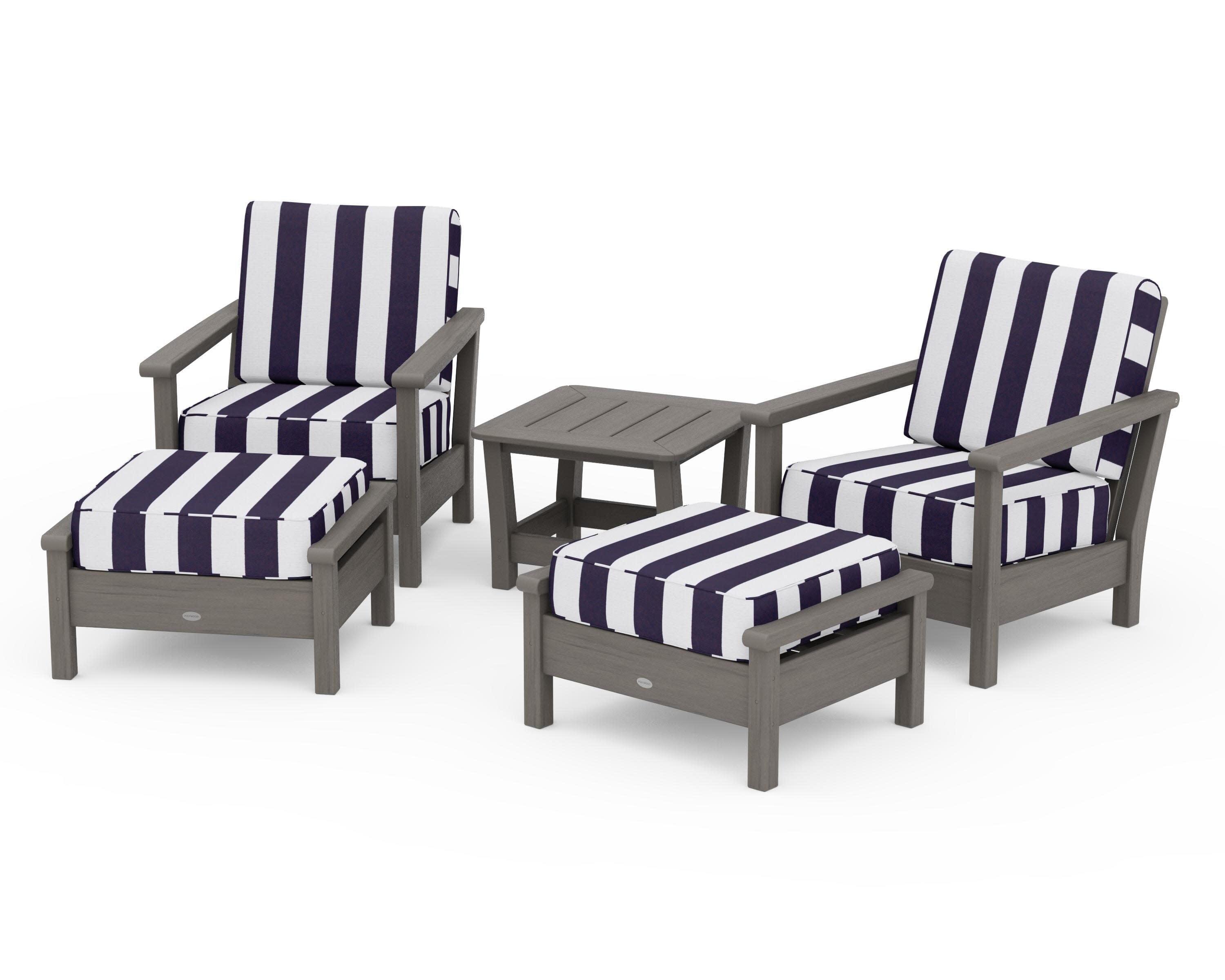 Harbour 5-Piece Deep Seating Chair Set in Driftwood / Cabana Stripe Navy