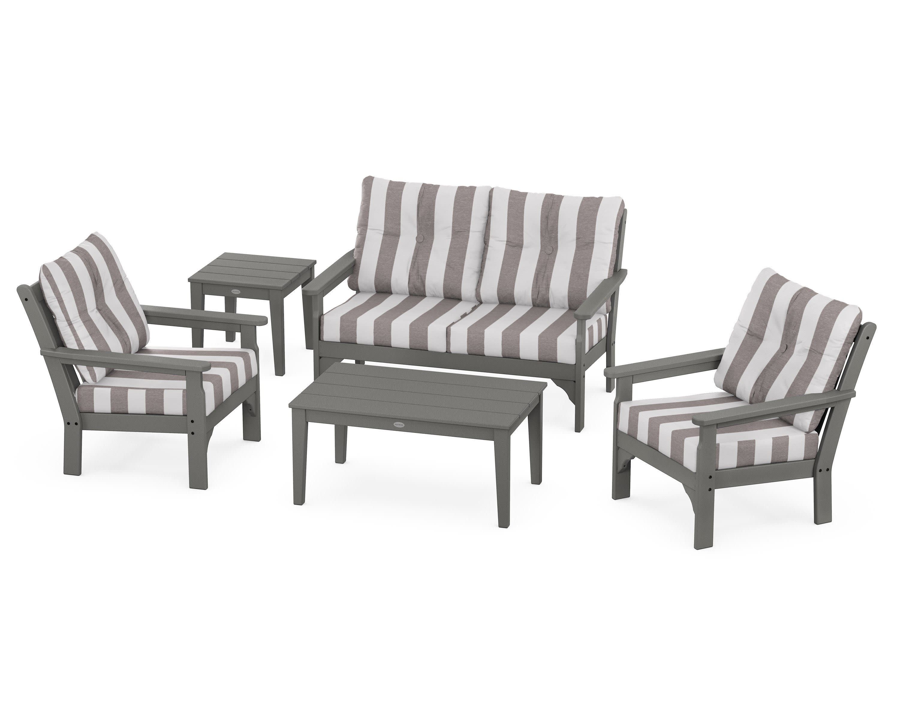 Vineyard 5-Piece Deep Seating Set in Slate Grey / Cabana Stripe Grey Mist