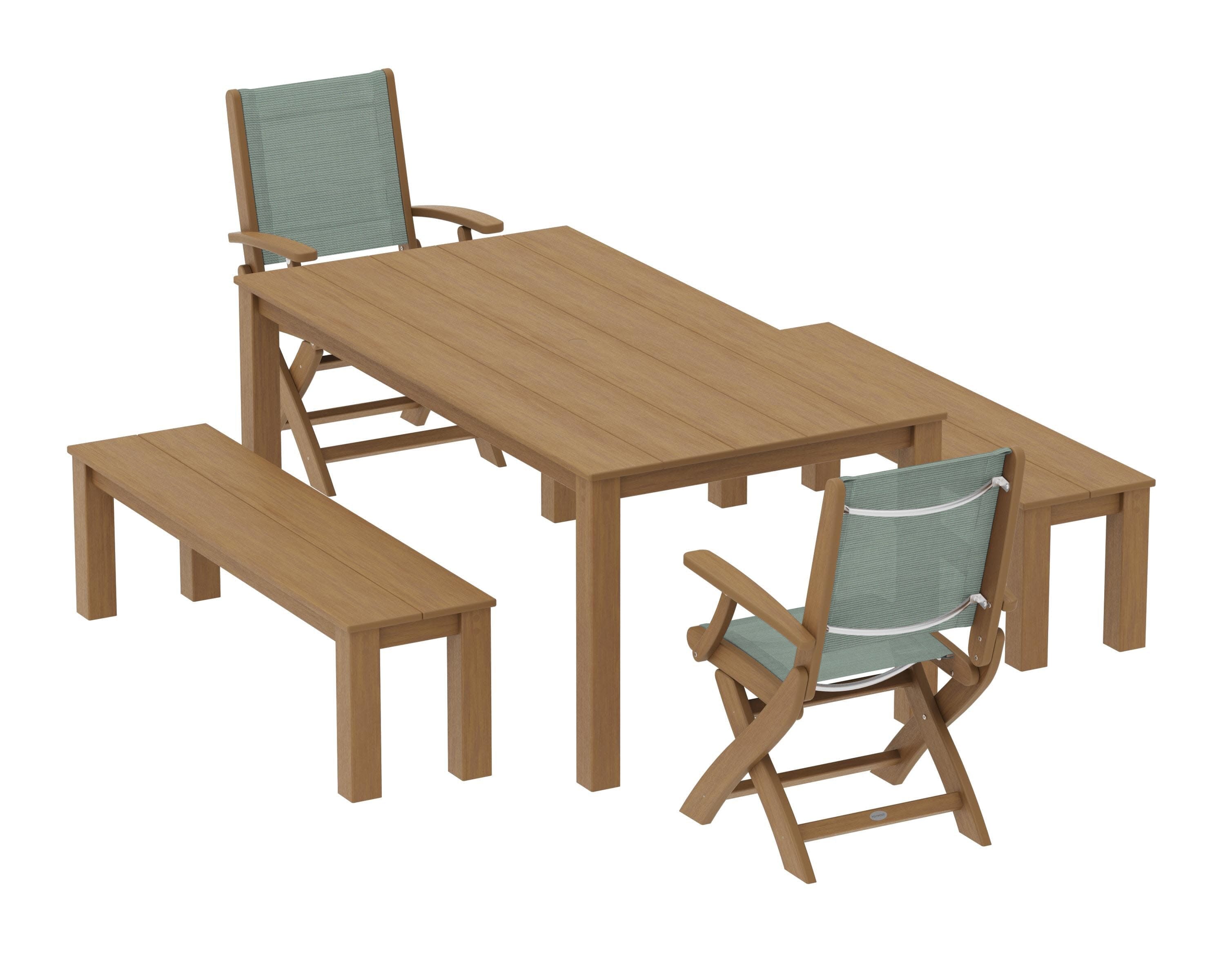 Coastal Folding Chair 5-Piece Parsons Dining Set with Benches in Natural / Dupioni Sea Mist Sling