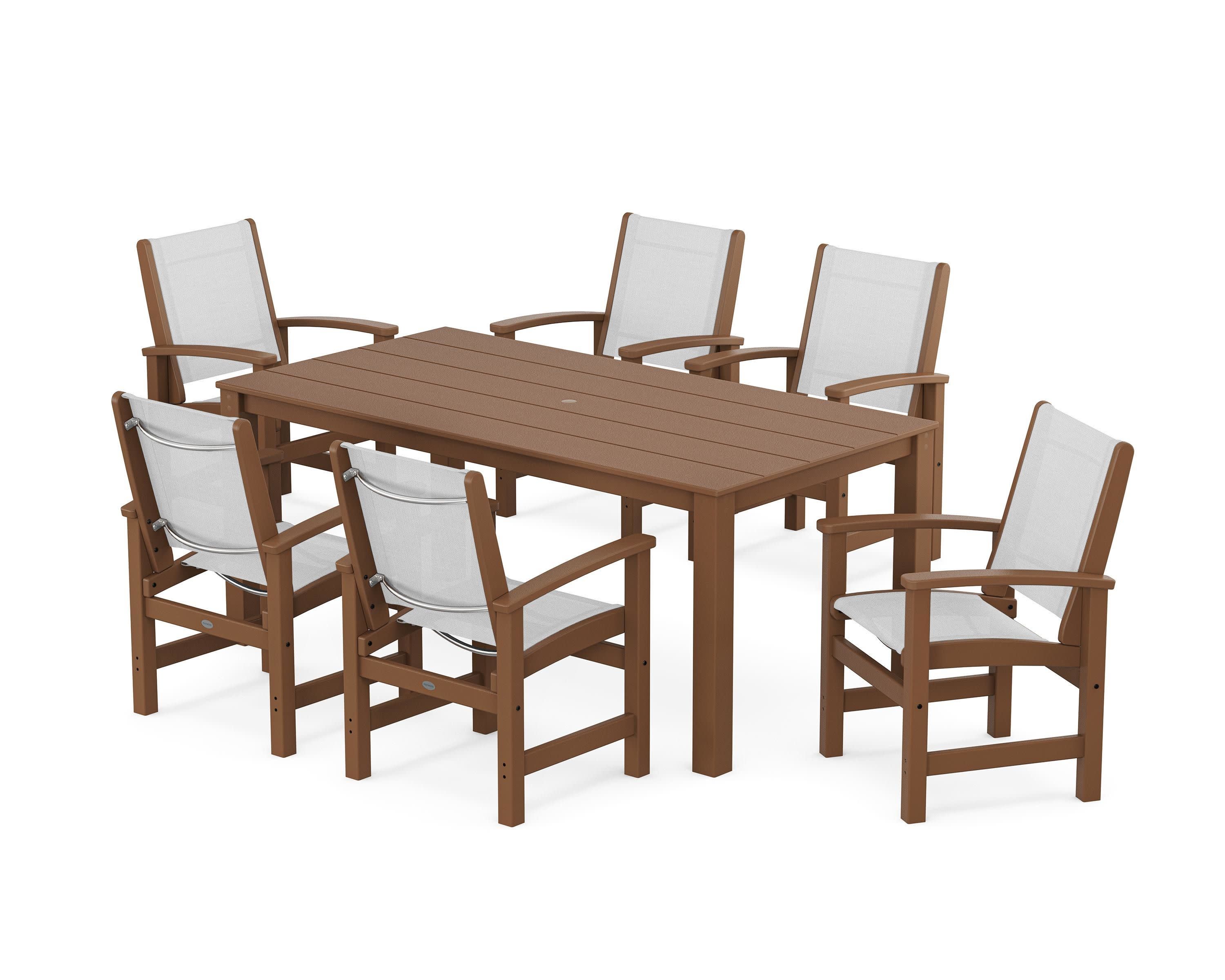 Coastal 7-Piece Parsons Dining Set in Teak / White Sling