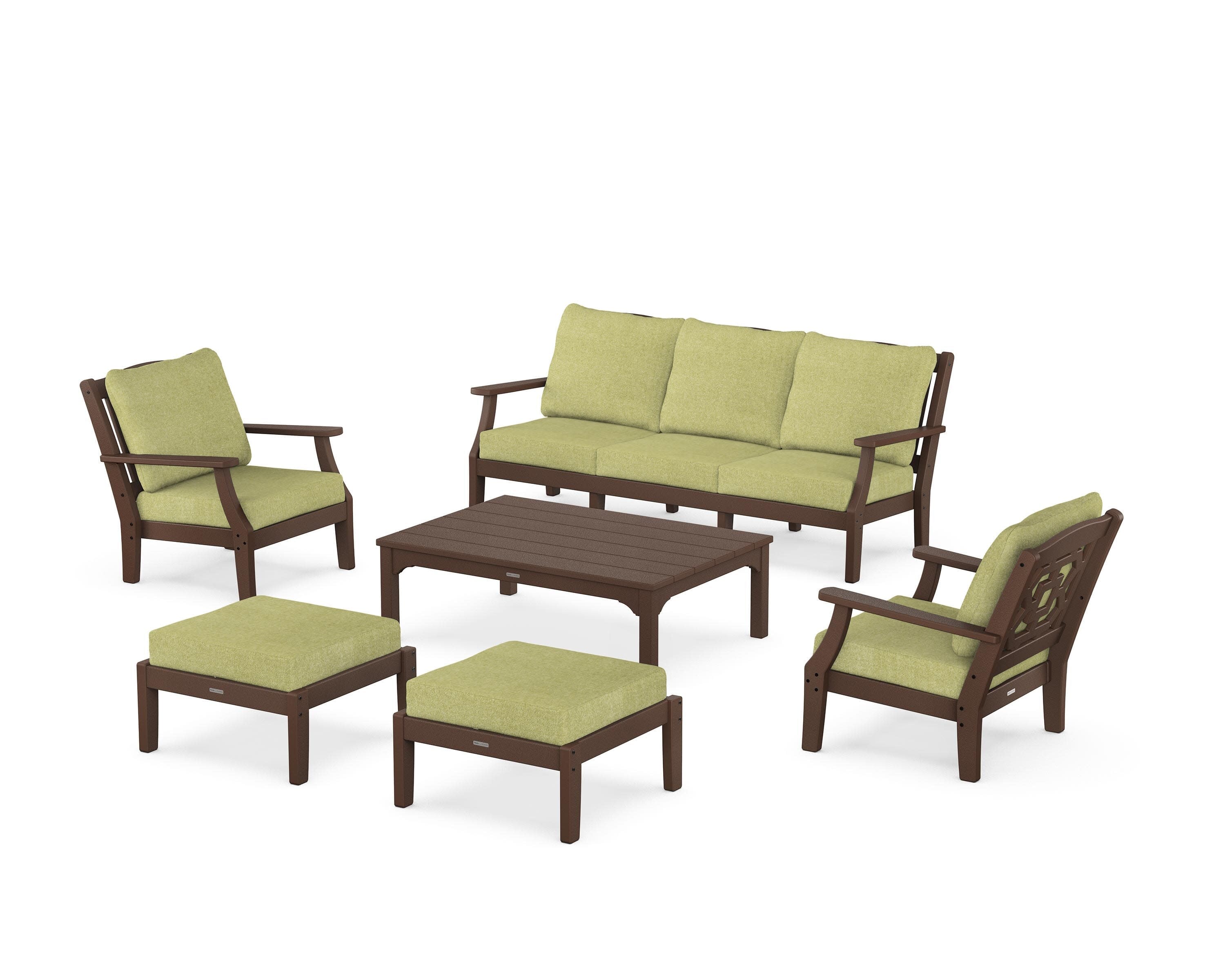 Chinoiserie 6-Piece Lounge Sofa Set in Mahogany / Chartreuse Boucle