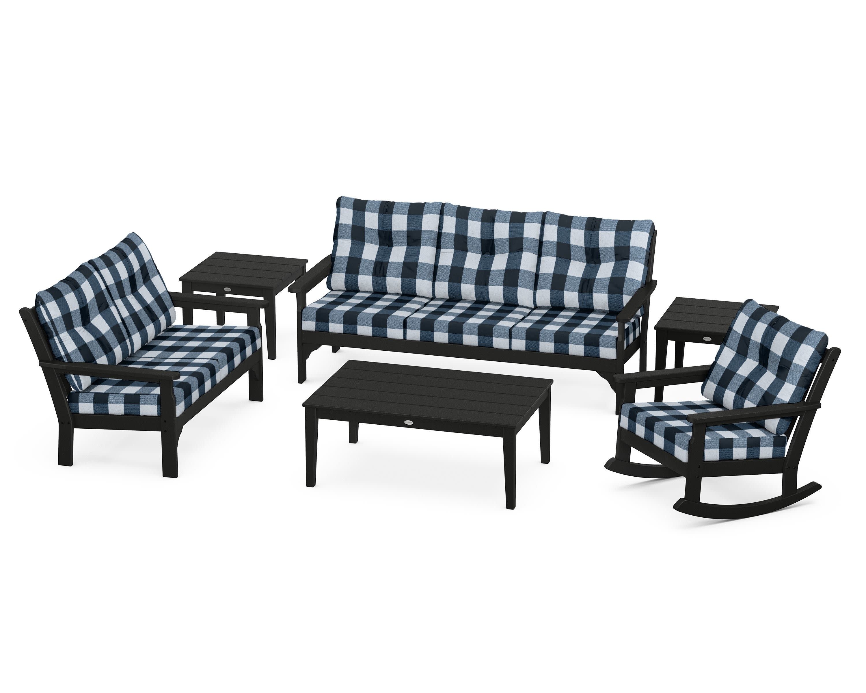 Vineyard 6-Piece Deep Seating Set in Black / Buffalo Plaid Marine Indigo