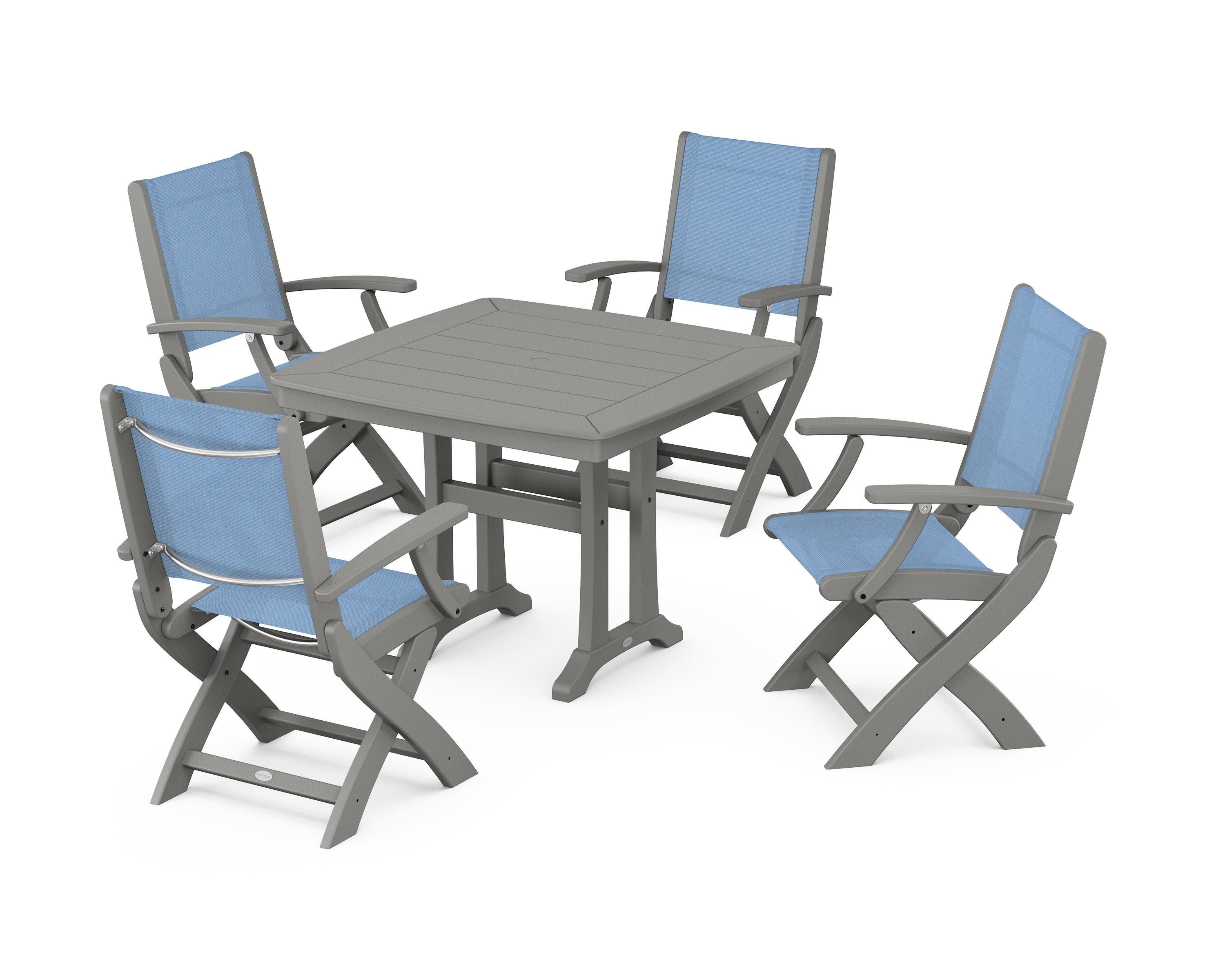 Coastal Folding Chair 5-Piece Dining Set with Trestle Legs in Slate Grey / Poolside Sling