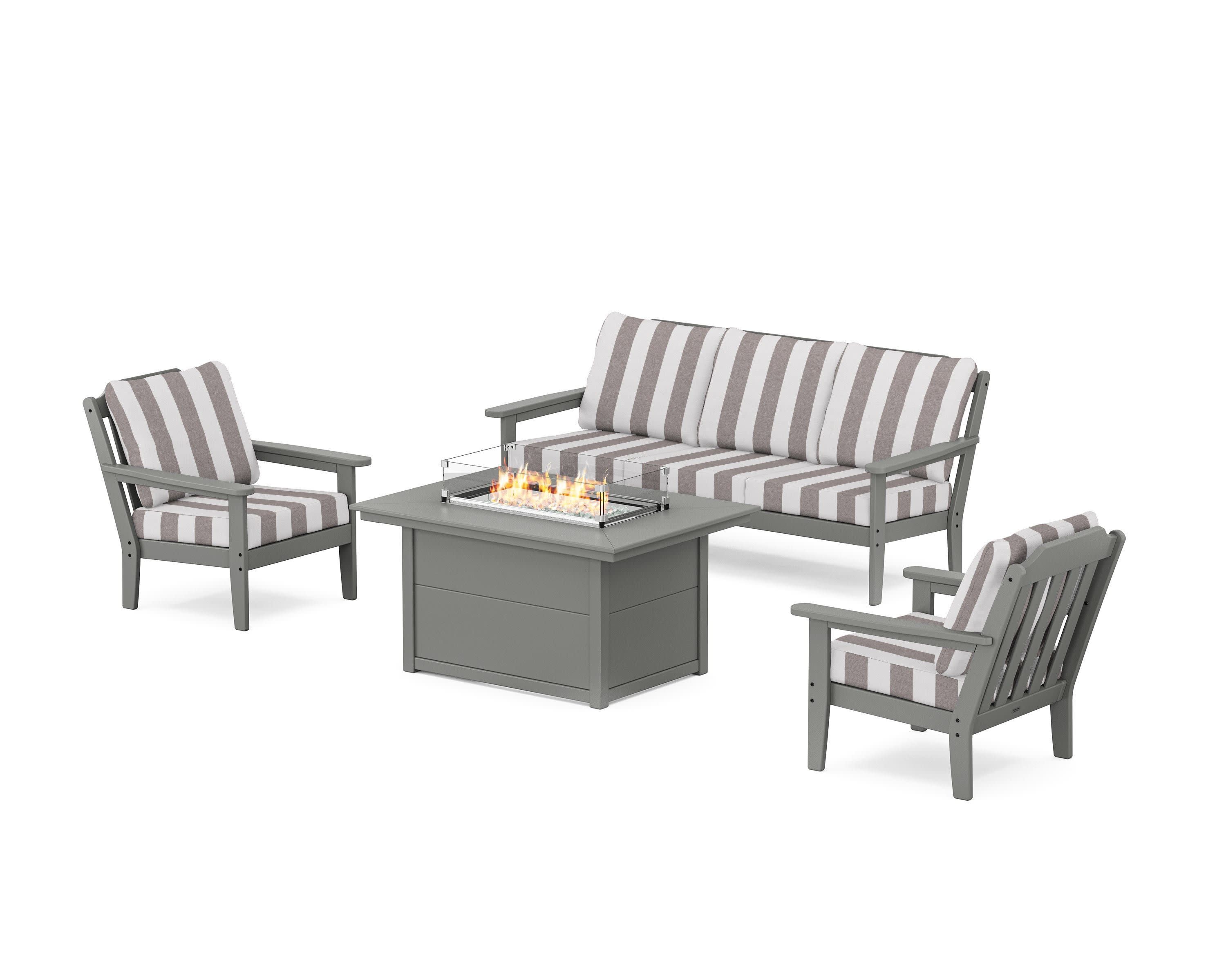 Cottage Deep Seating Fire Pit Table Set in Slate Grey / Cabana Stripe Grey Mist