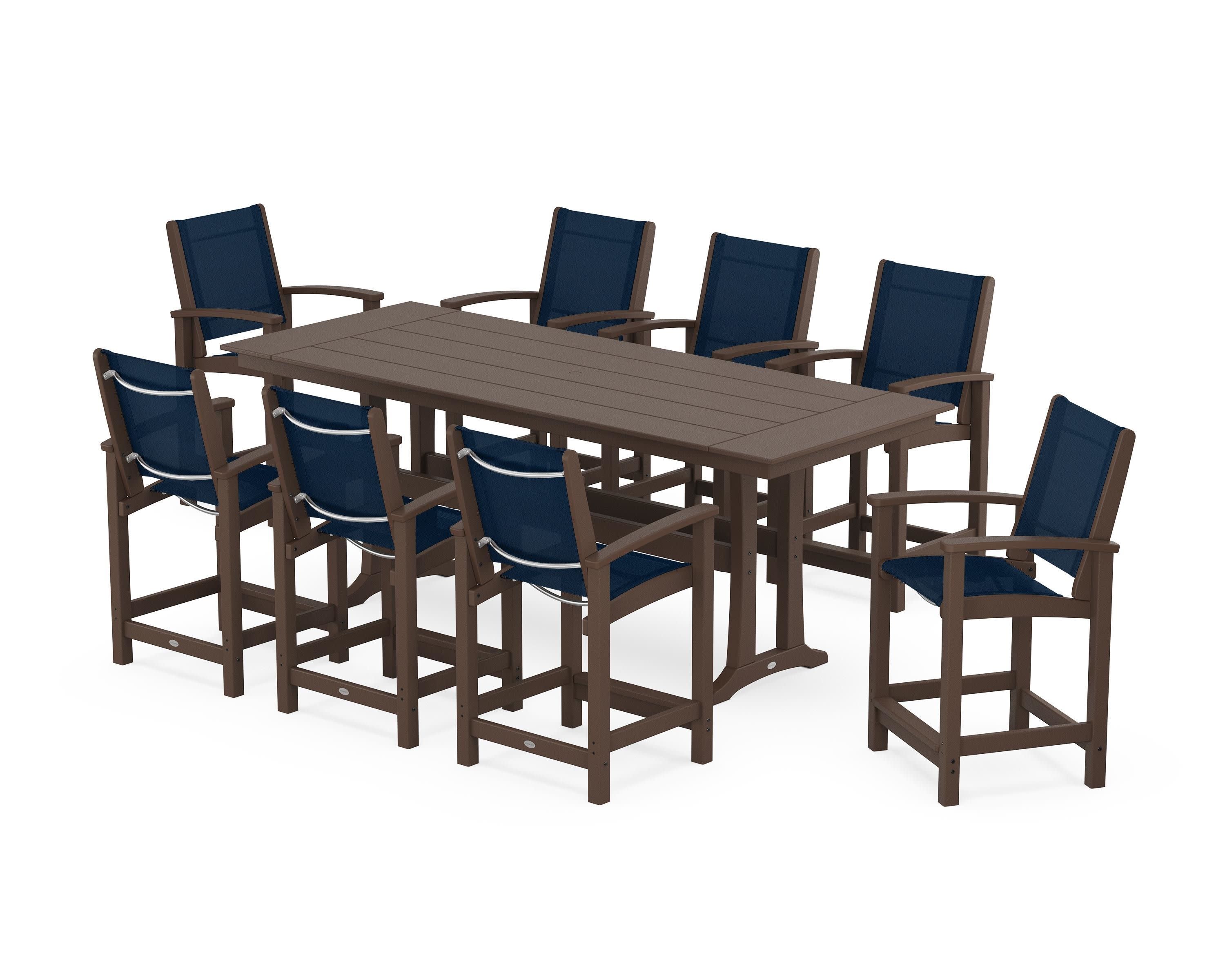 Coastal 9-Piece Farmhouse Counter Set with Trestle Legs in Mahogany / Navy Blue Sling
