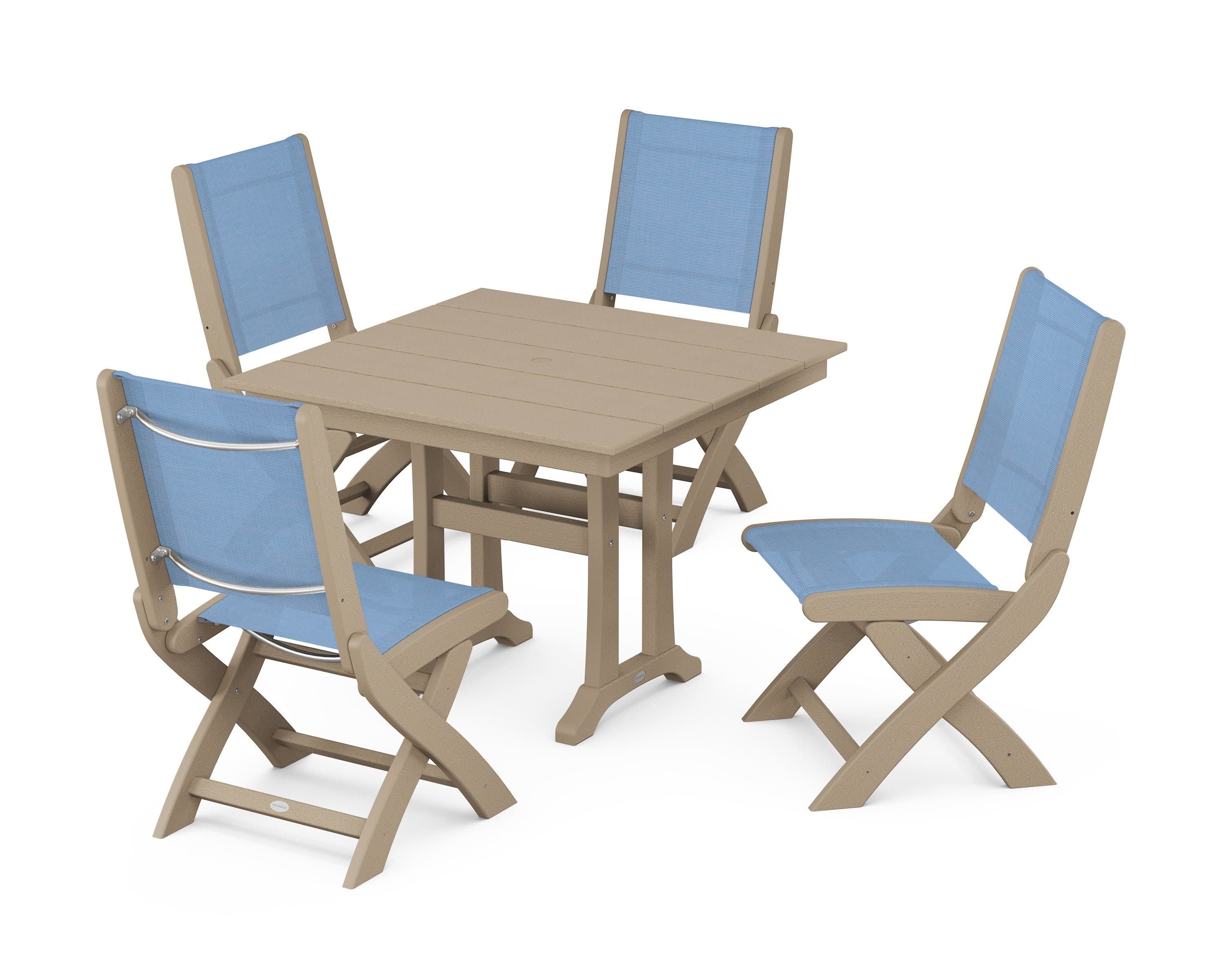 Coastal Folding Side Chair 5-Piece Farmhouse Dining Set With Trestle Legs in Vintage Sahara / Poolside Sling