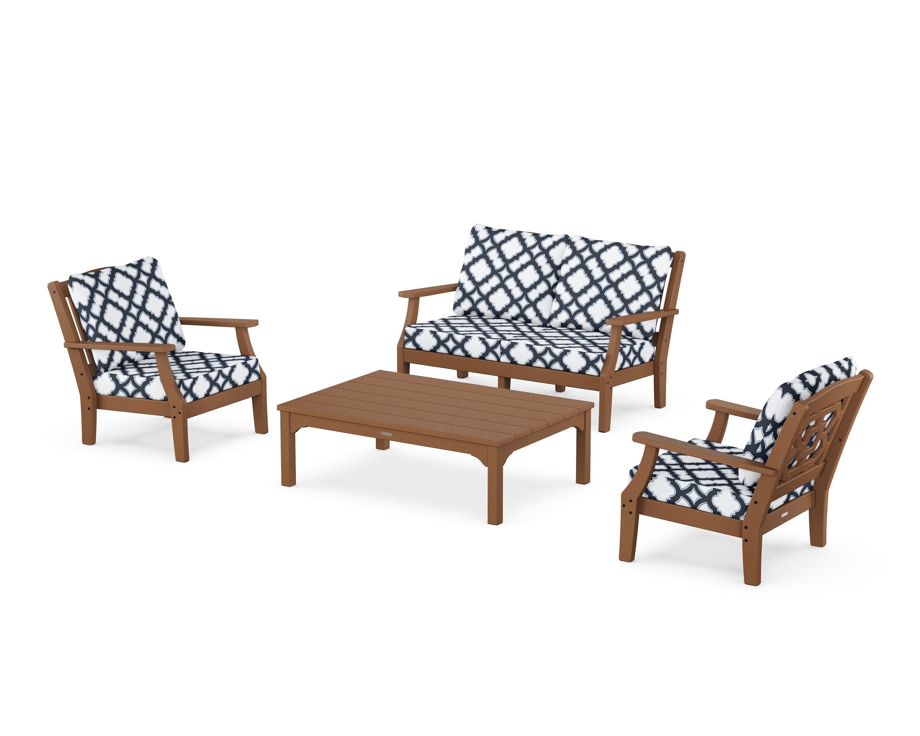 Chinoiserie 4-Piece Deep Seating Set with Loveseat in Teak / Trellis Marine Indigo