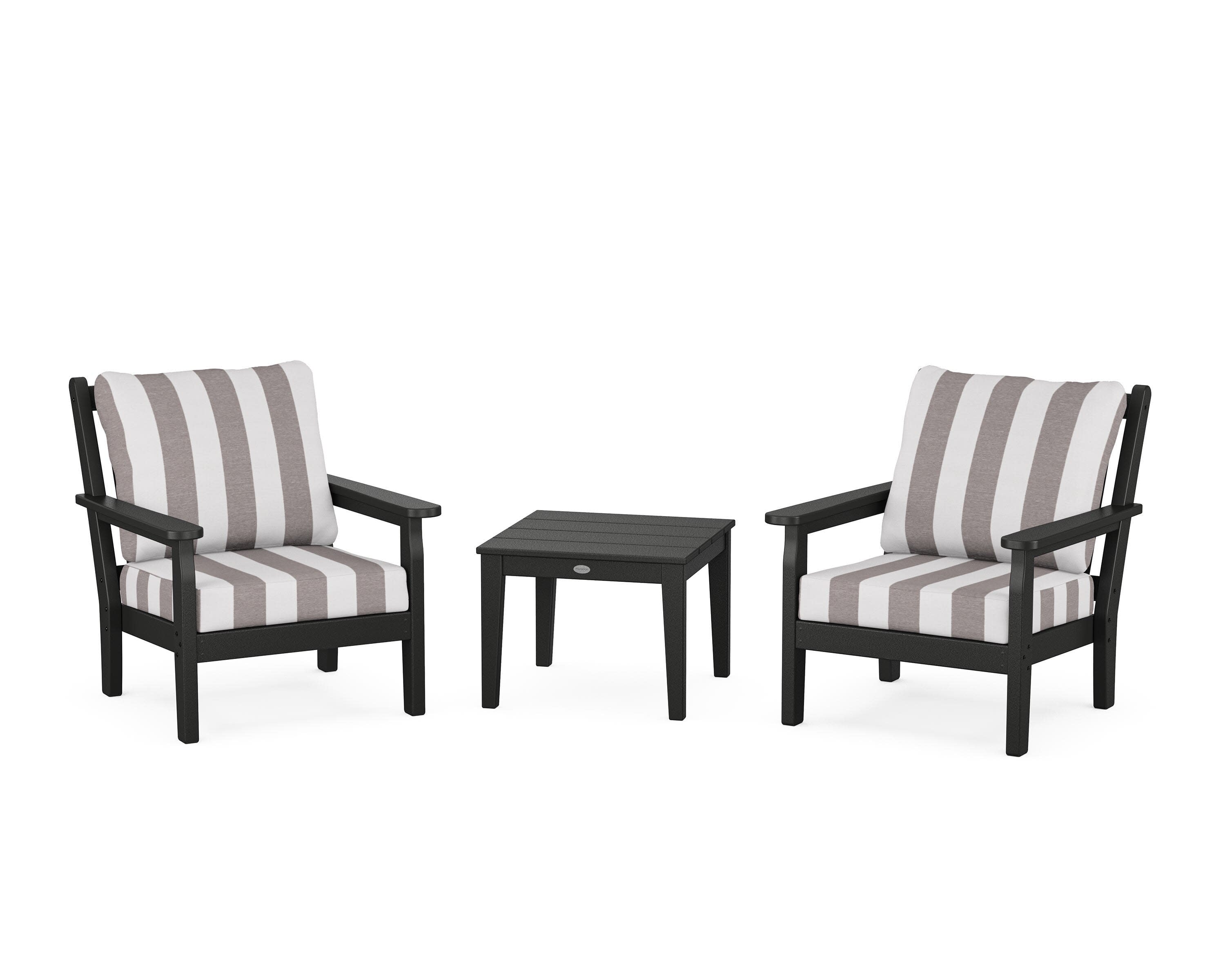 Chippendale 3-Piece Deep Seating Set in Black / Cabana Stripe Grey Mist