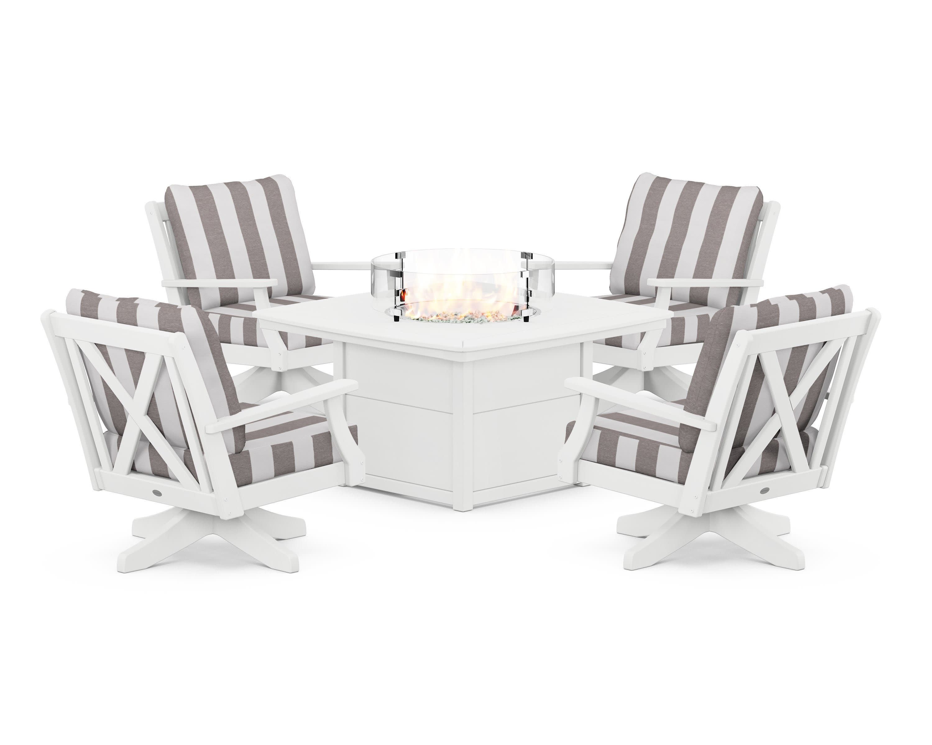 Braxton 5-Piece Deep Seating Swivel Conversation Set with Fire Pit Table in White / Cabana Stripe Grey Mist