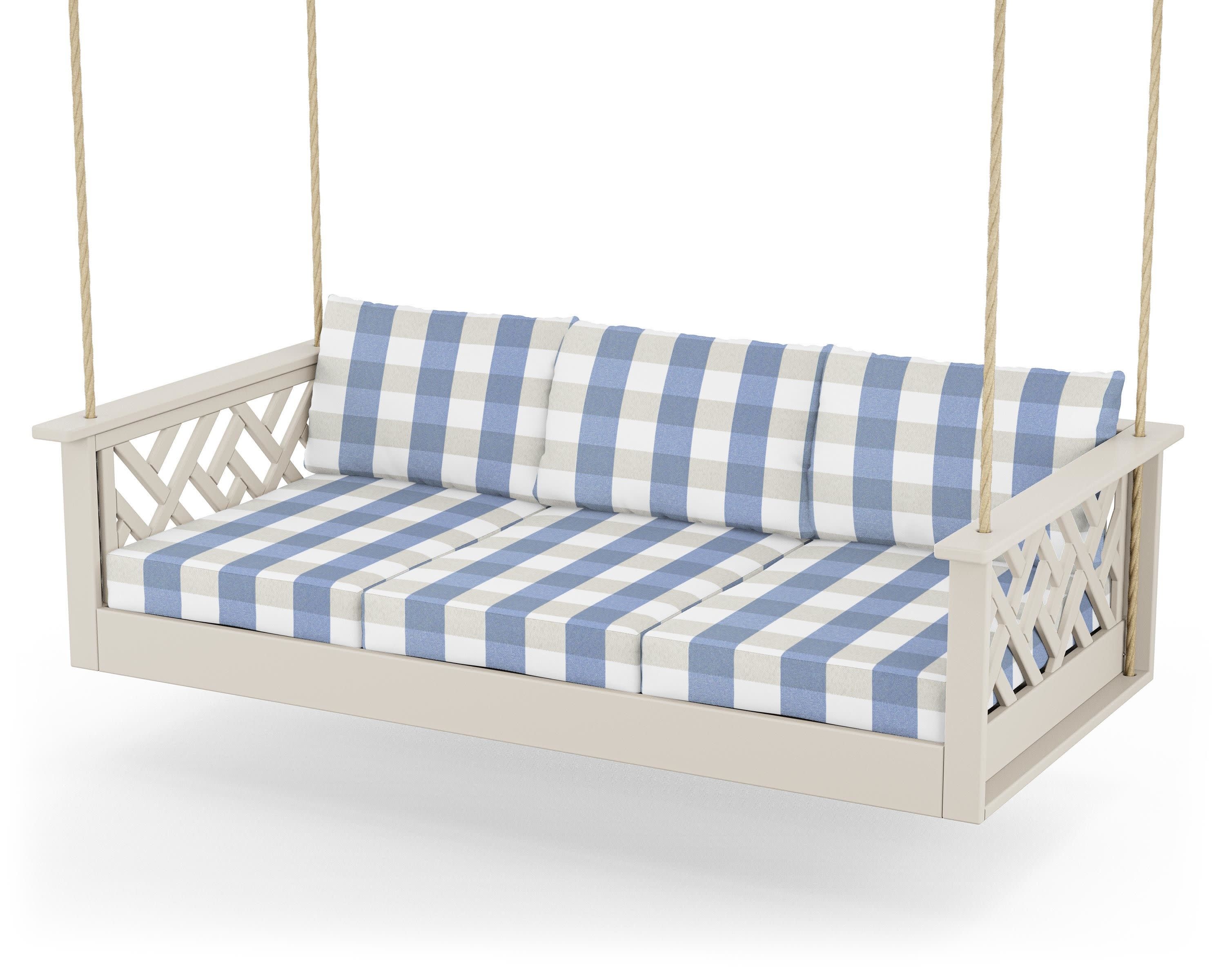 Chippendale Daybed Swing in Sand / Buffalo Plaid Sky Blue