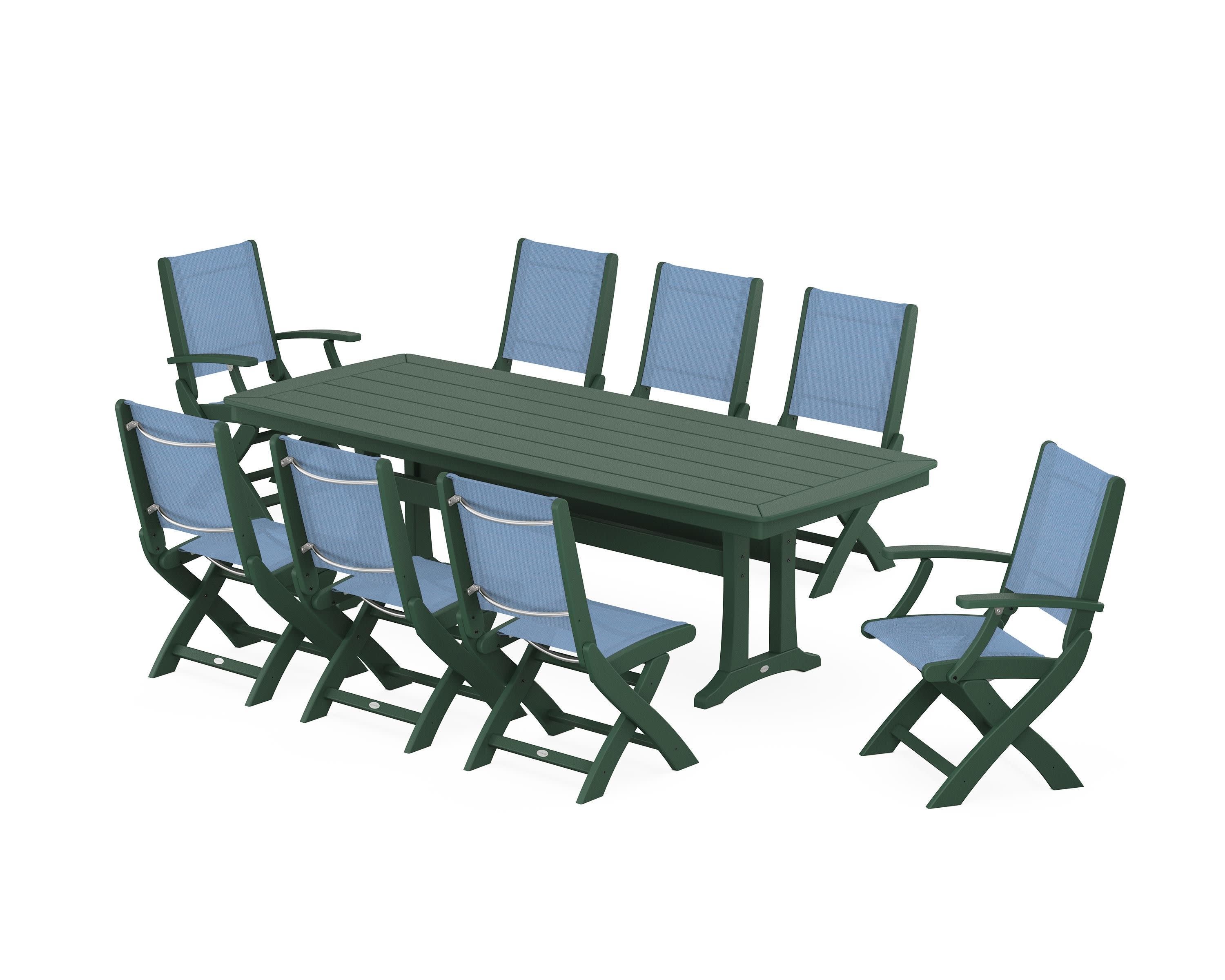 Coastal Folding 9-Piece Dining Set with Trestle Legs in Green / Poolside Sling
