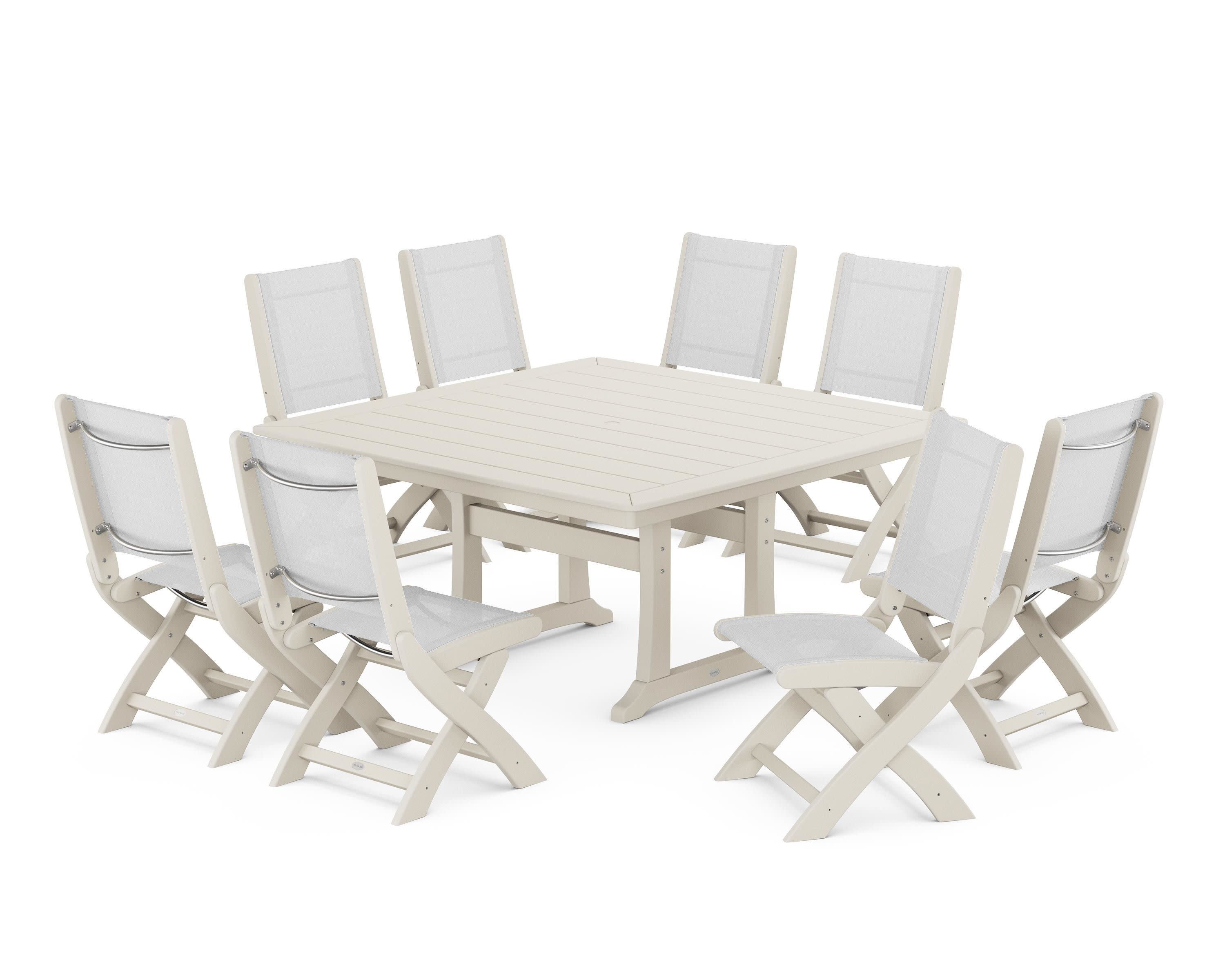 Coastal Folding Side Chair 9-Piece Dining Set with Trestle Legs in Sand / White Sling