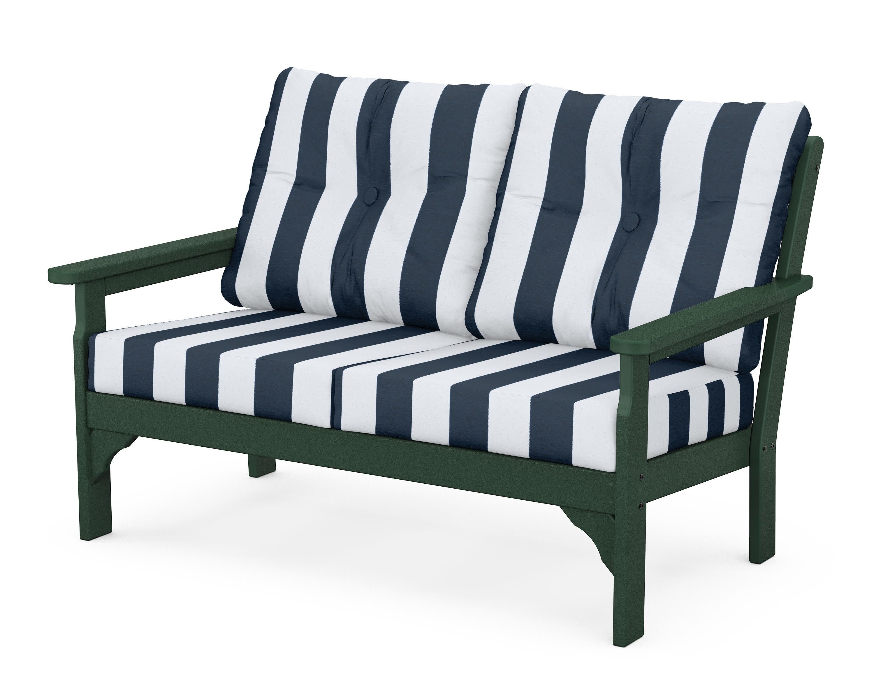 Vineyard Deep Seating Loveseat in Green / Cabana Stripe Marine Indigo