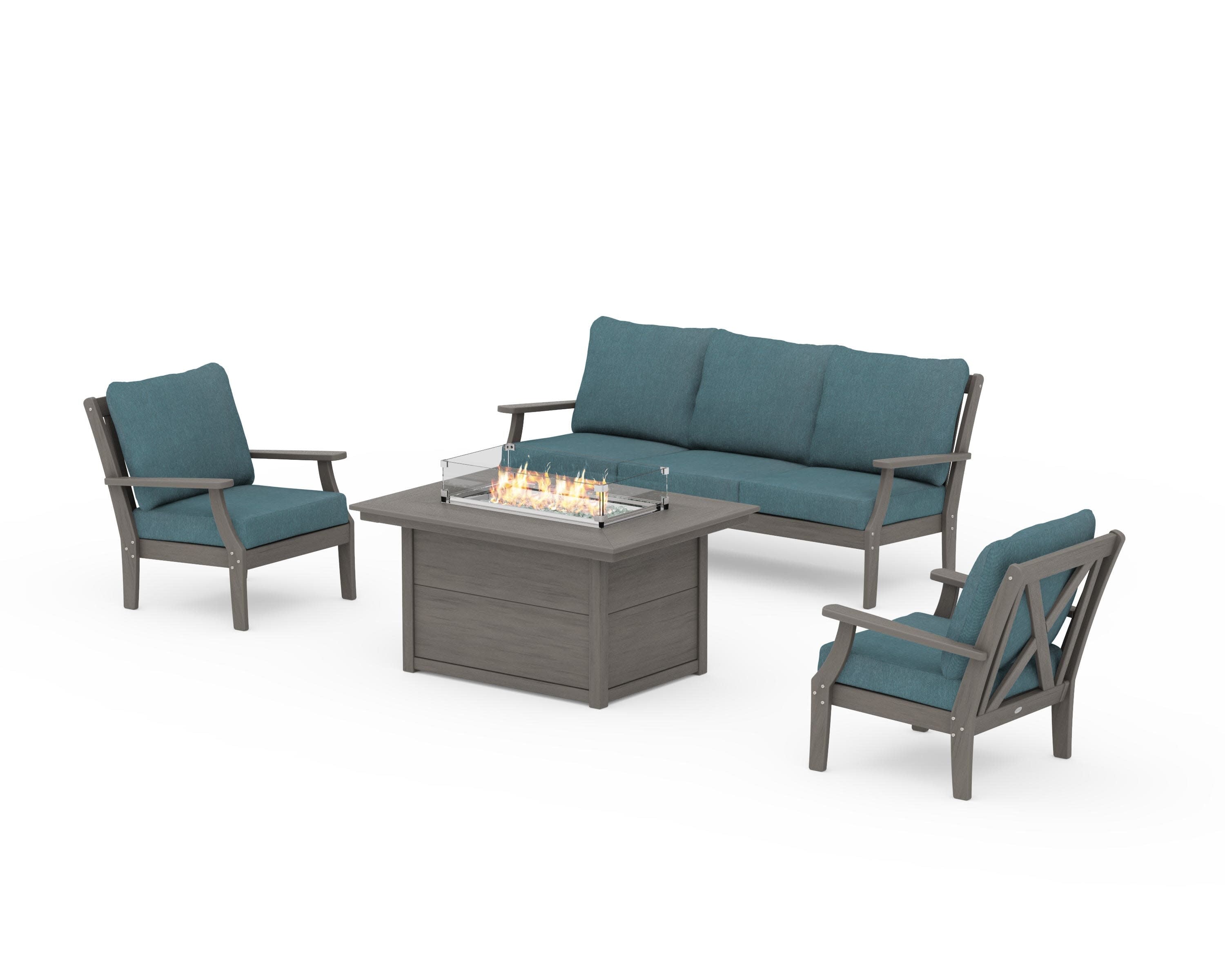 Braxton Deep Seating Fire Pit Table Set in Driftwood / Ocean Teal