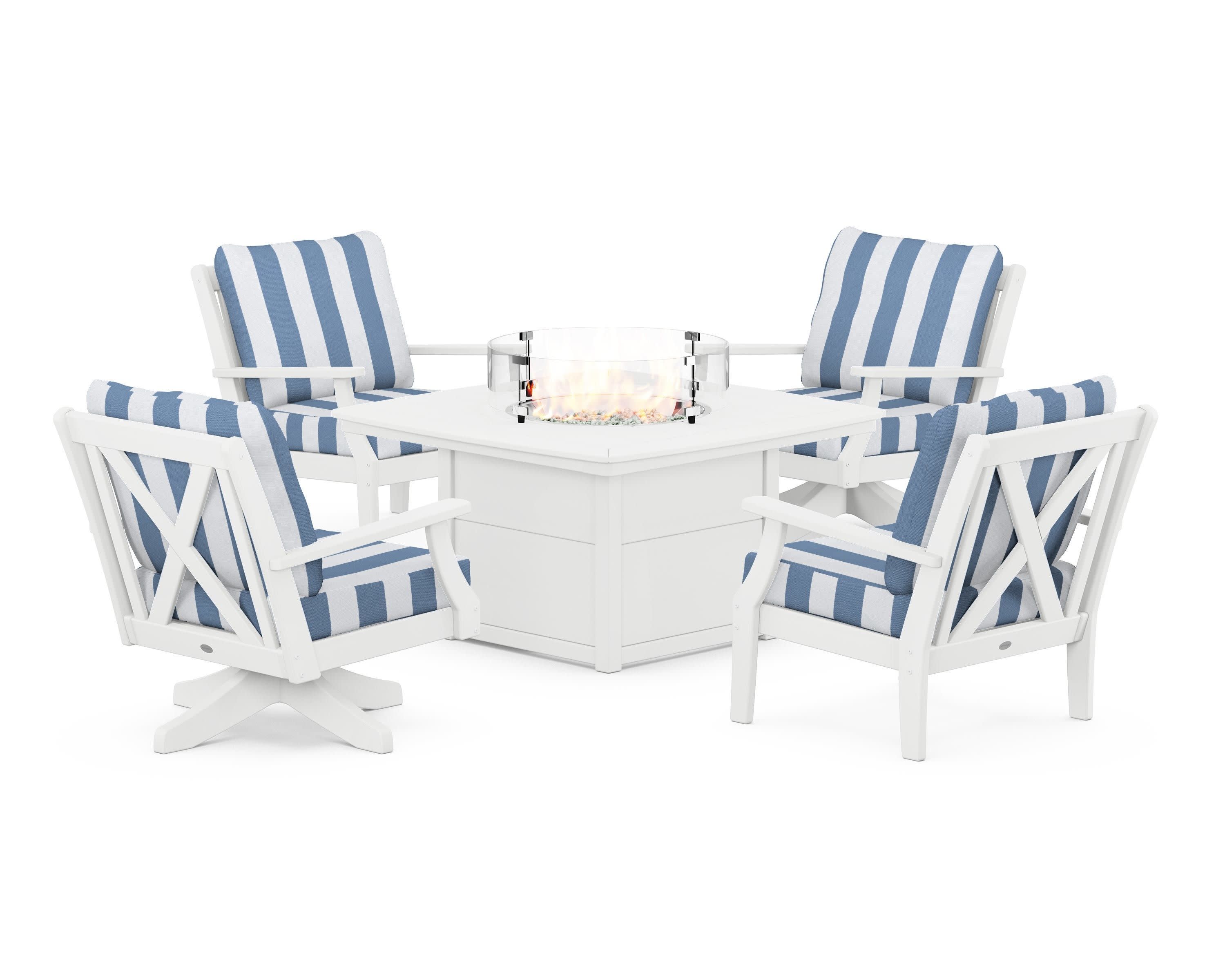 Braxton 5-Piece Deep Seating Set with Fire Table in White / Cabana Stripe Sky Blue