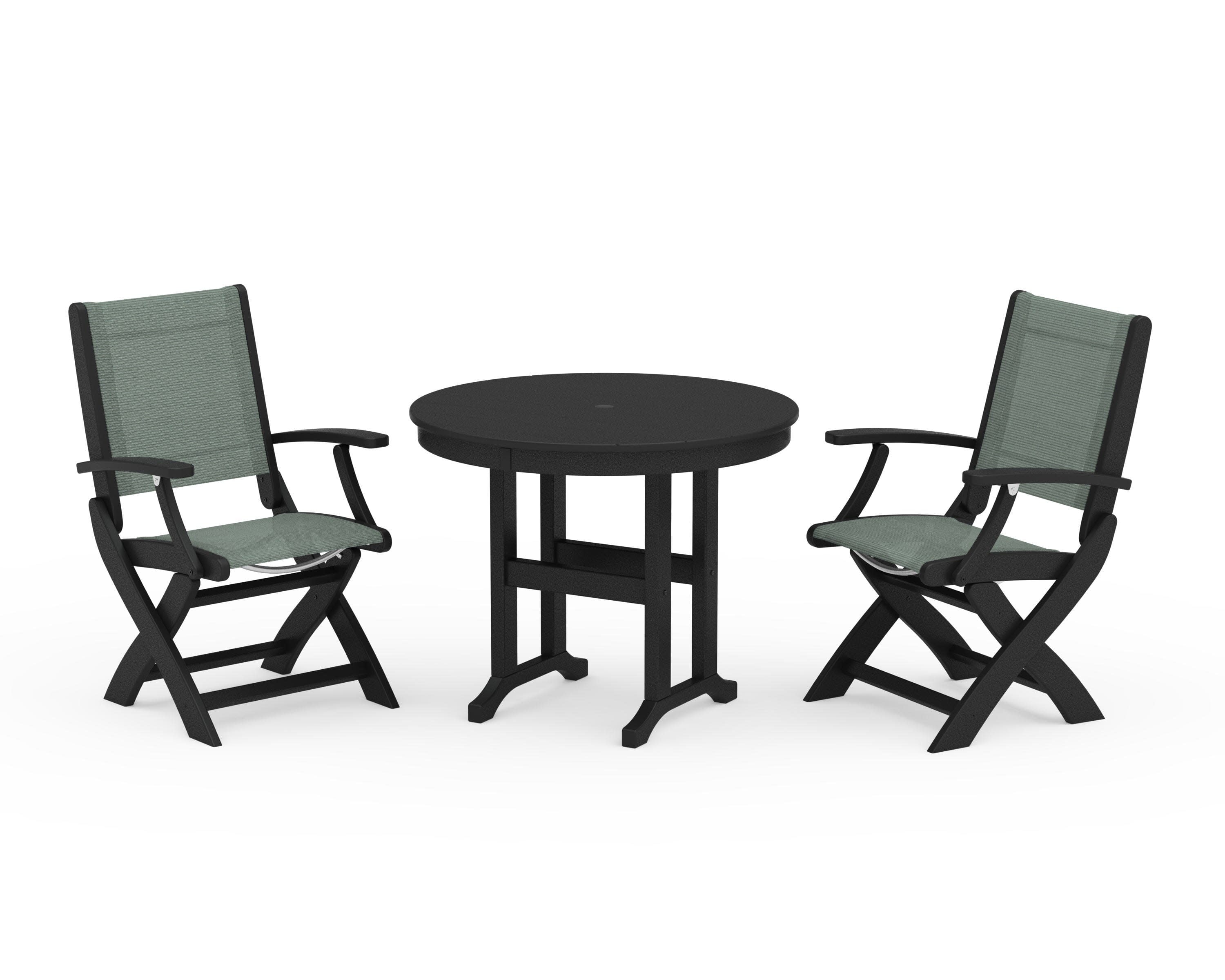Coastal Folding Chair 3-Piece Round Dining Set in Black / Dupioni Sea Mist Sling