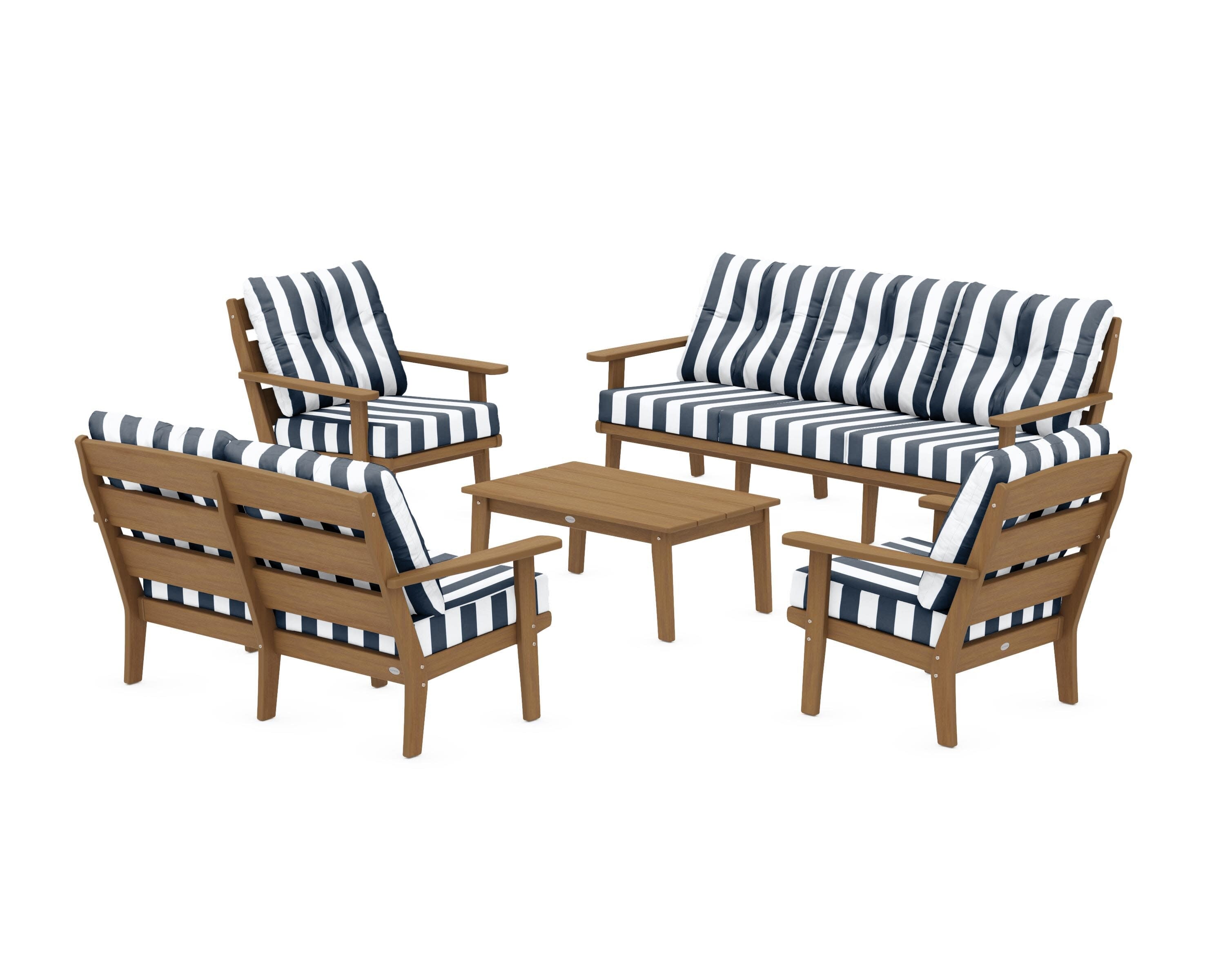 Lakeside 5-Piece Lounge Sofa Set in Natural / Cabana Stripe Marine Indigo