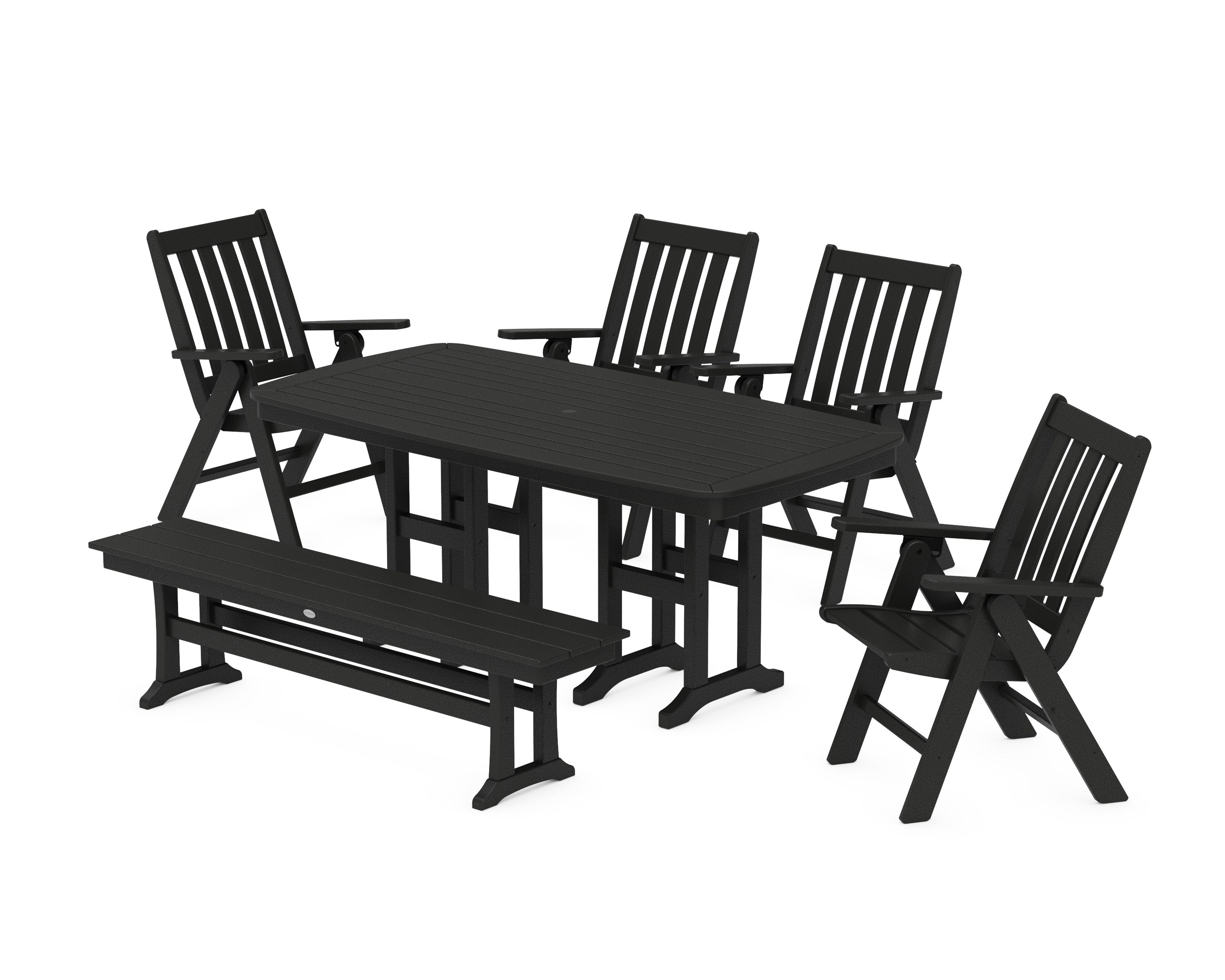 Vineyard Folding Chair 6-Piece Dining Set with Bench in Black