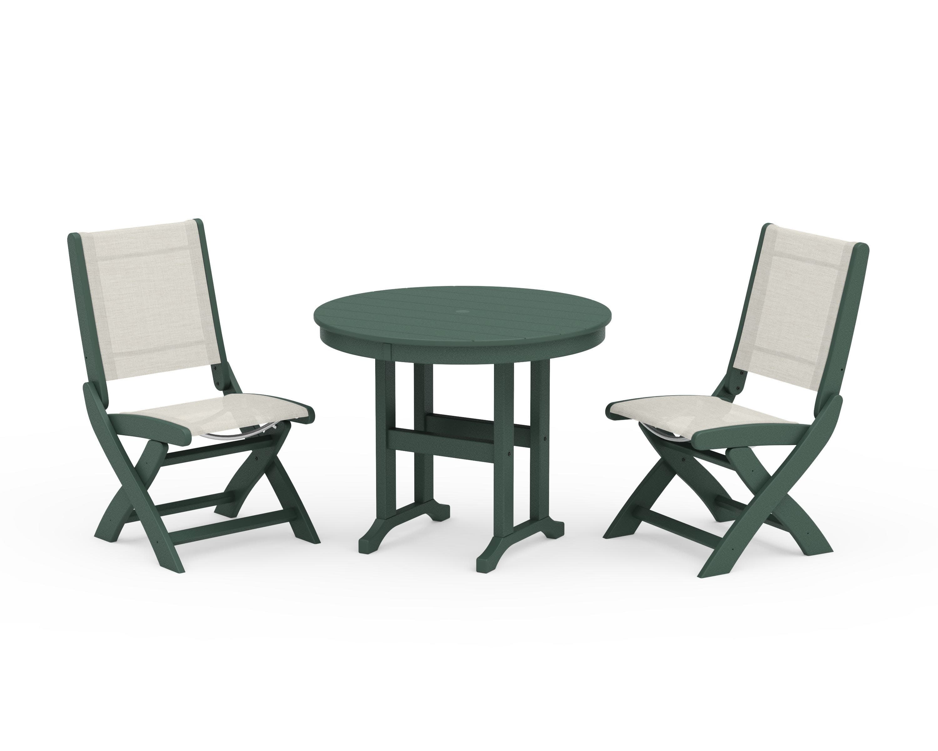 Coastal Folding Side Chair 3-Piece Round Dining Set in Green / Parchment Sling