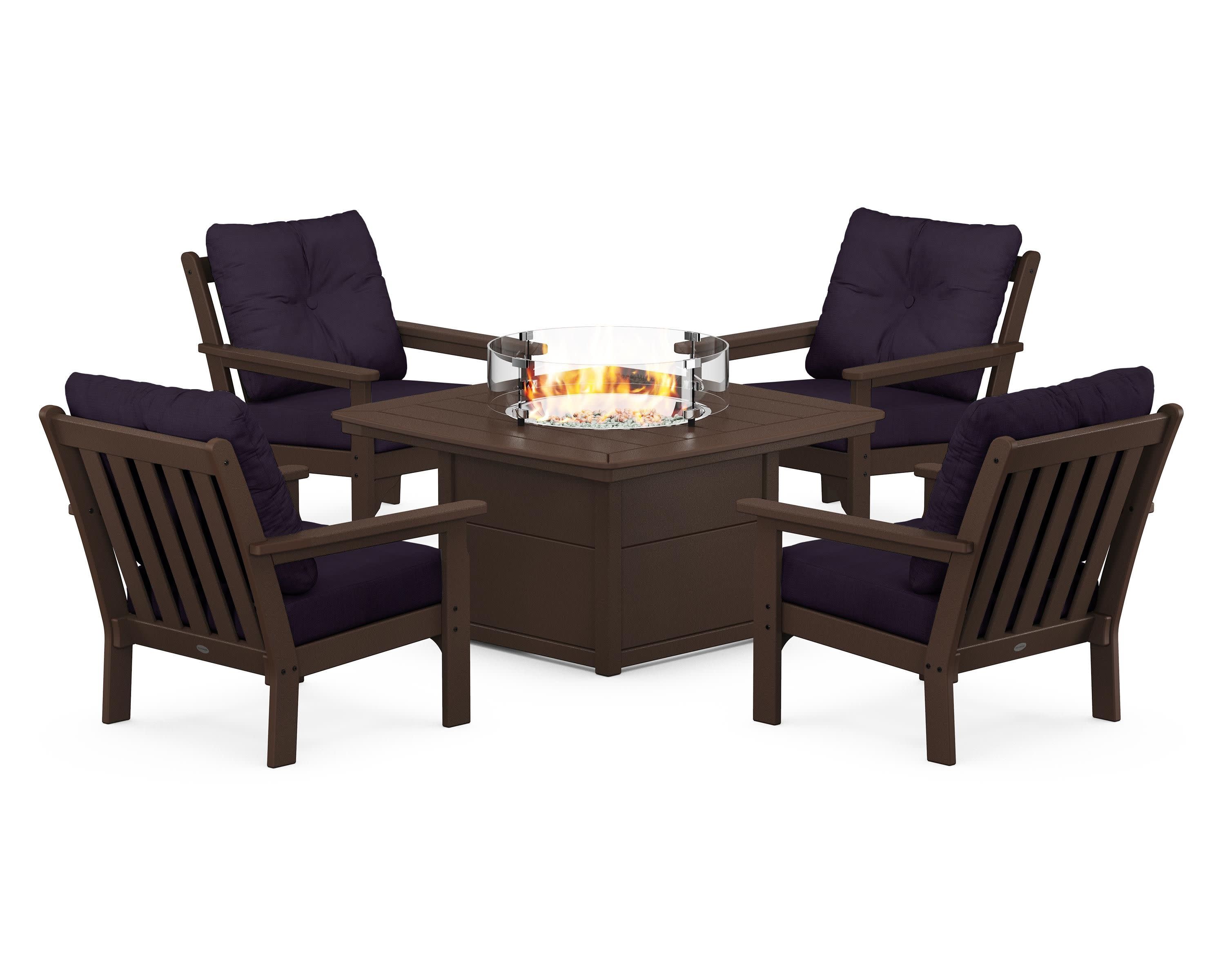 Vineyard 5-Piece Conversation Set with Fire Pit Table in Mahogany / Navy Linen