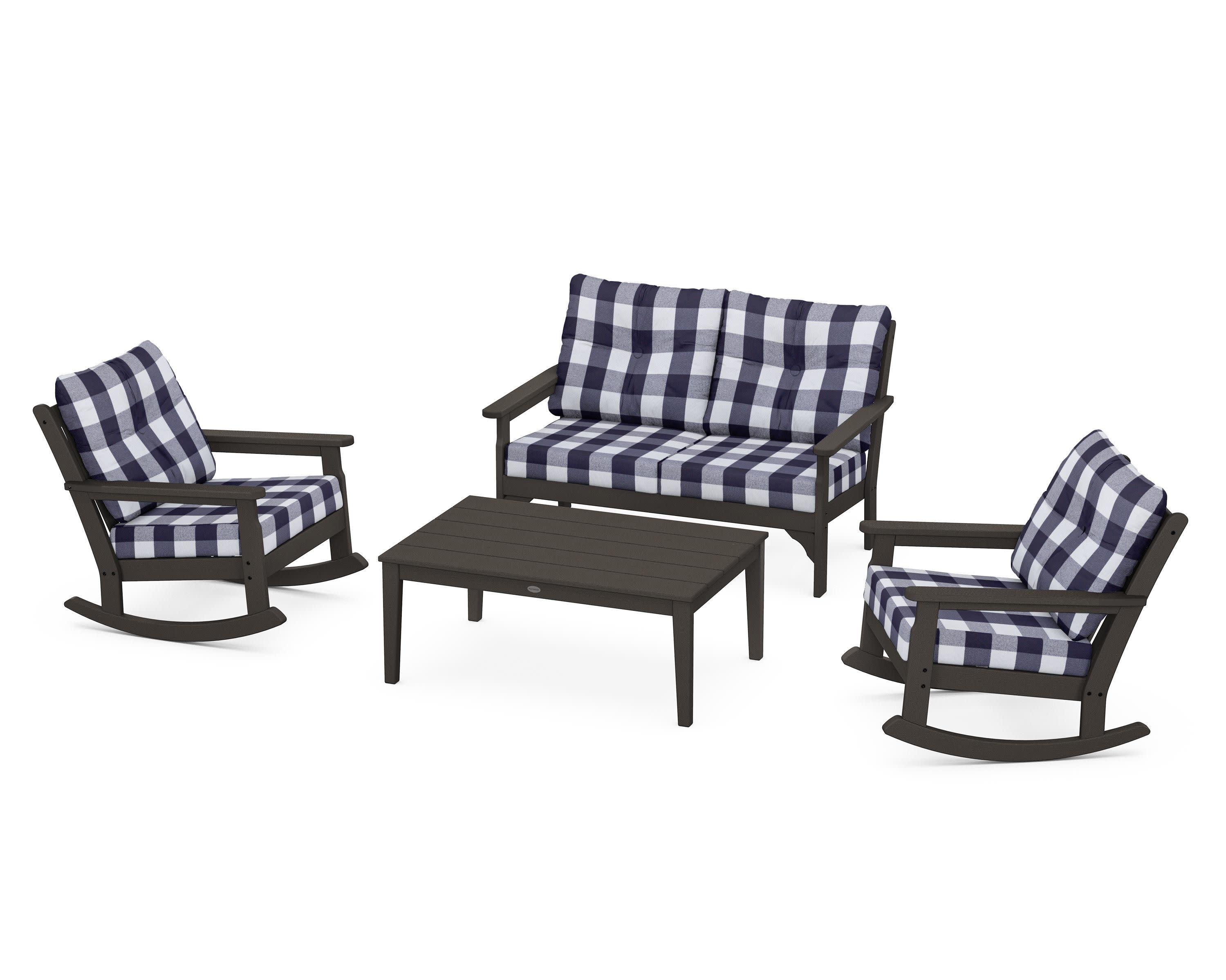Vineyard 4-Piece Deep Seating Rocking Chair Set in Vintage Coffee / Buffalo Plaid Navy