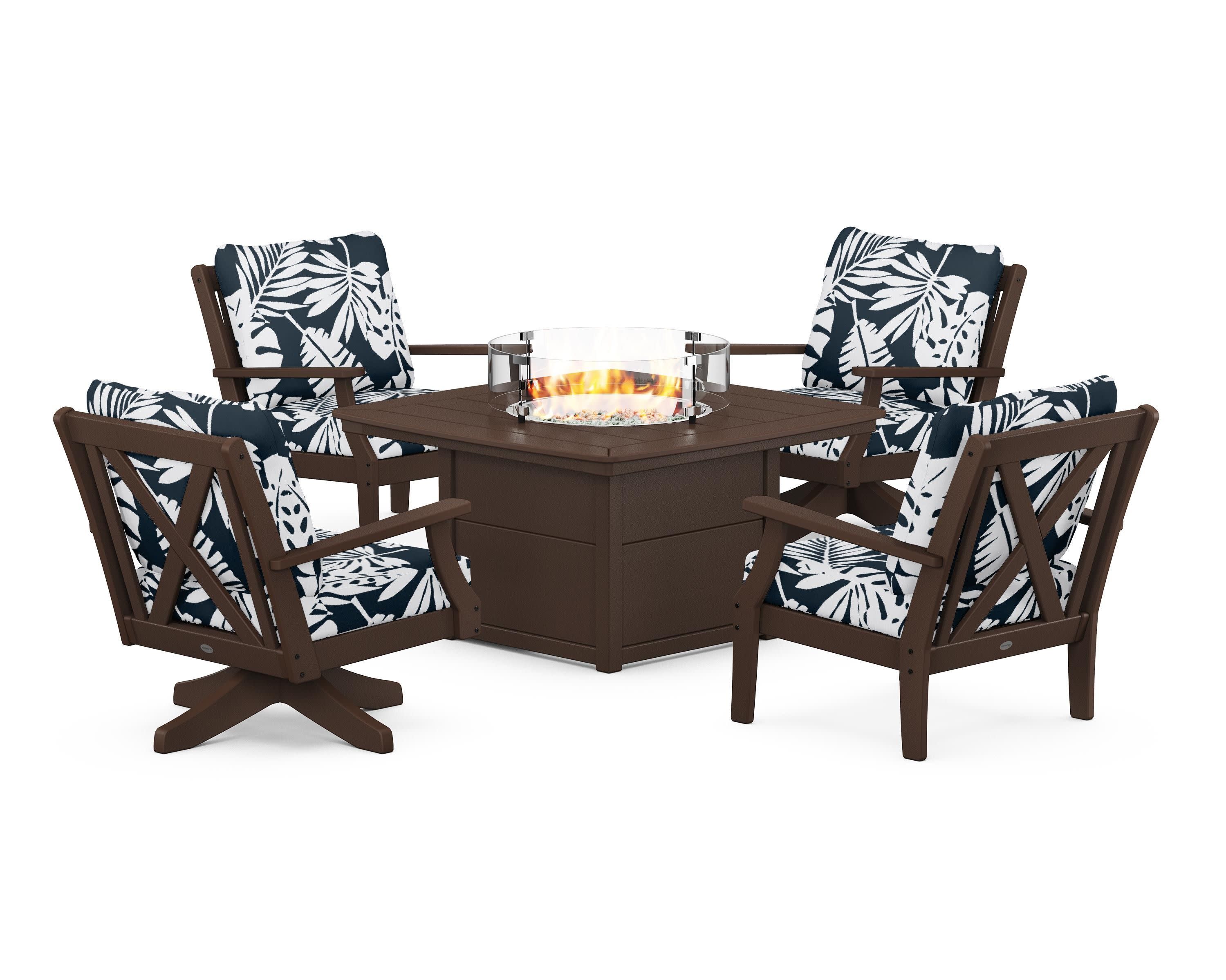 Braxton 5-Piece Deep Seating Set with Fire Table in Mahogany / Leaf Marine Indigo