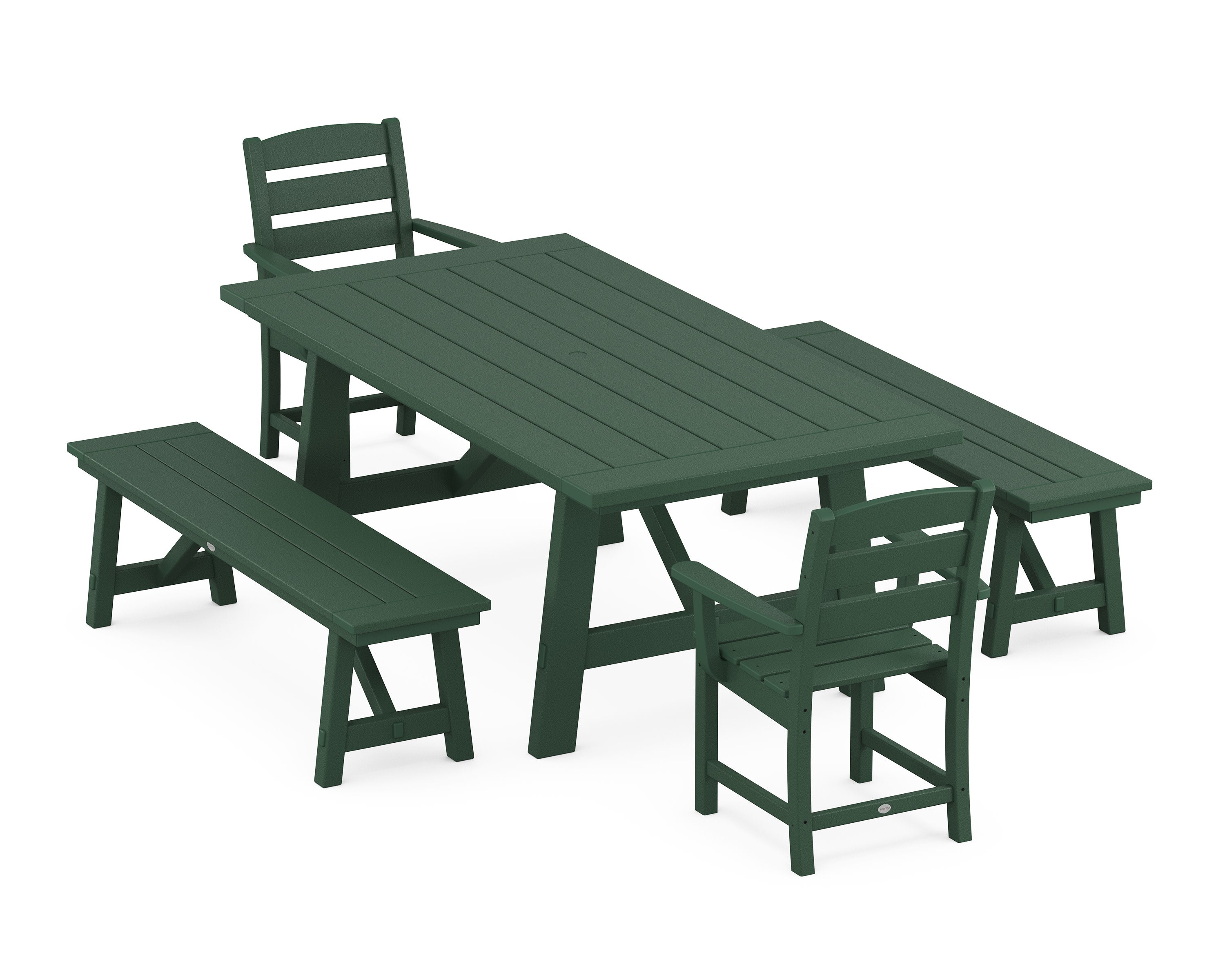 Lakeside 5-Piece Rustic Farmhouse Dining Set With Benches in Green