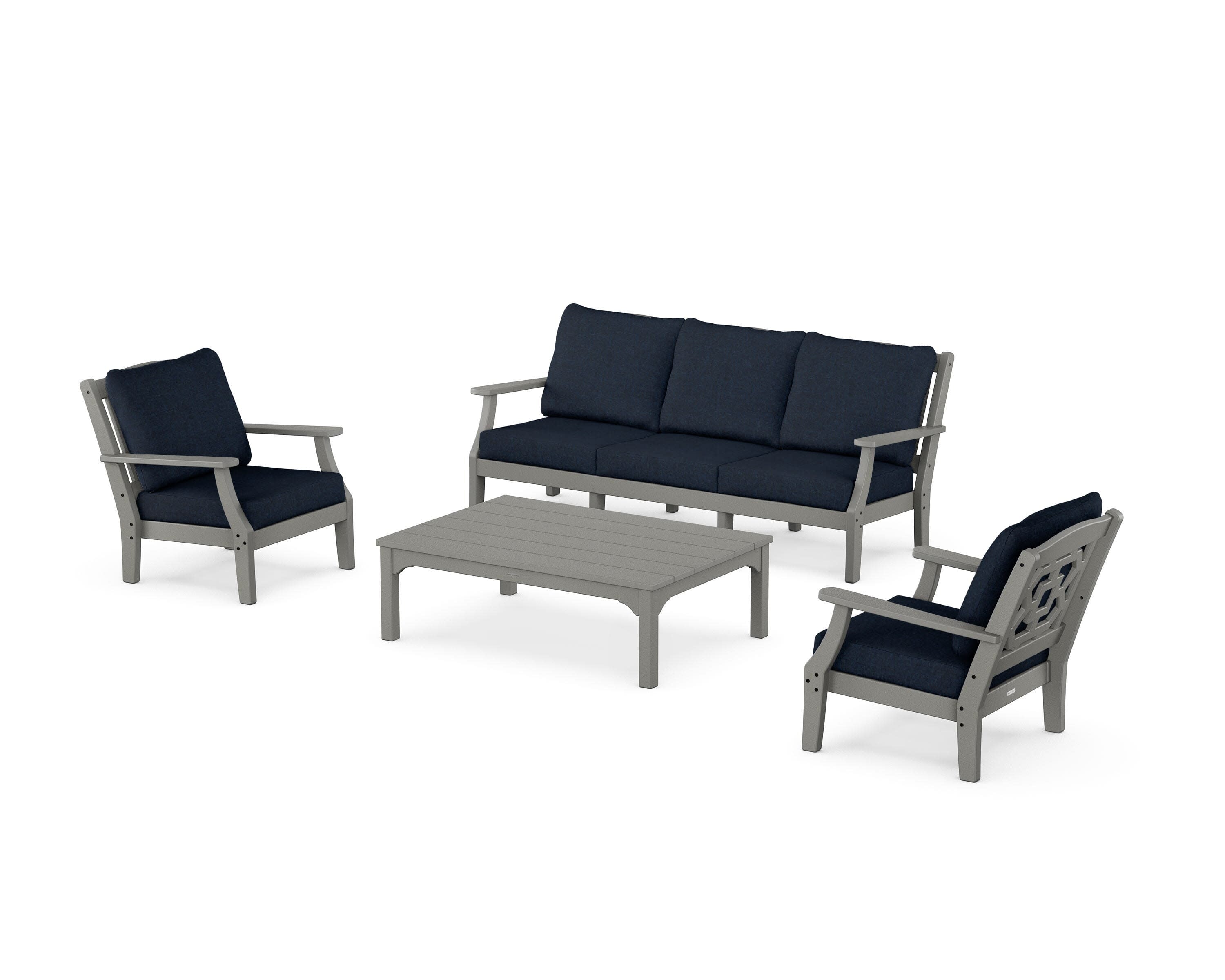 Chinoiserie 4-Piece Deep Seating Set with Sofa in Slate Grey / Marine Indigo
