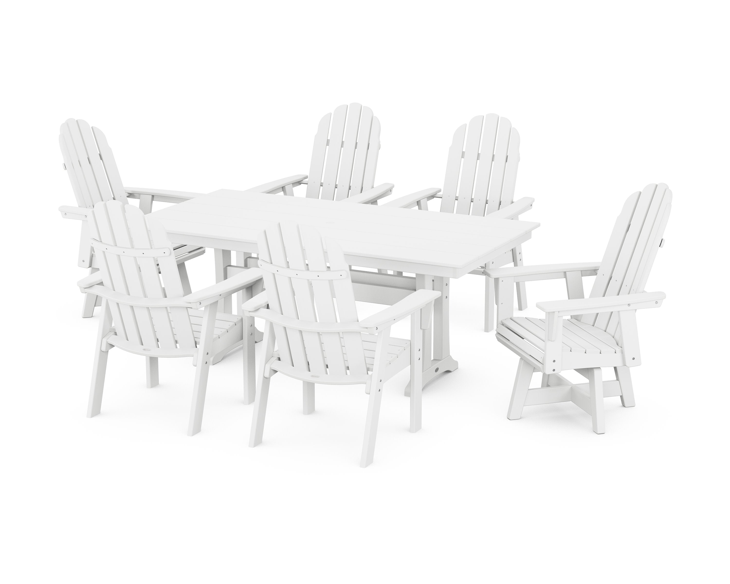 Vineyard Curveback Adirondack Swivel Chair 7-Piece Farmhouse Dining Set with Trestle Legs in White