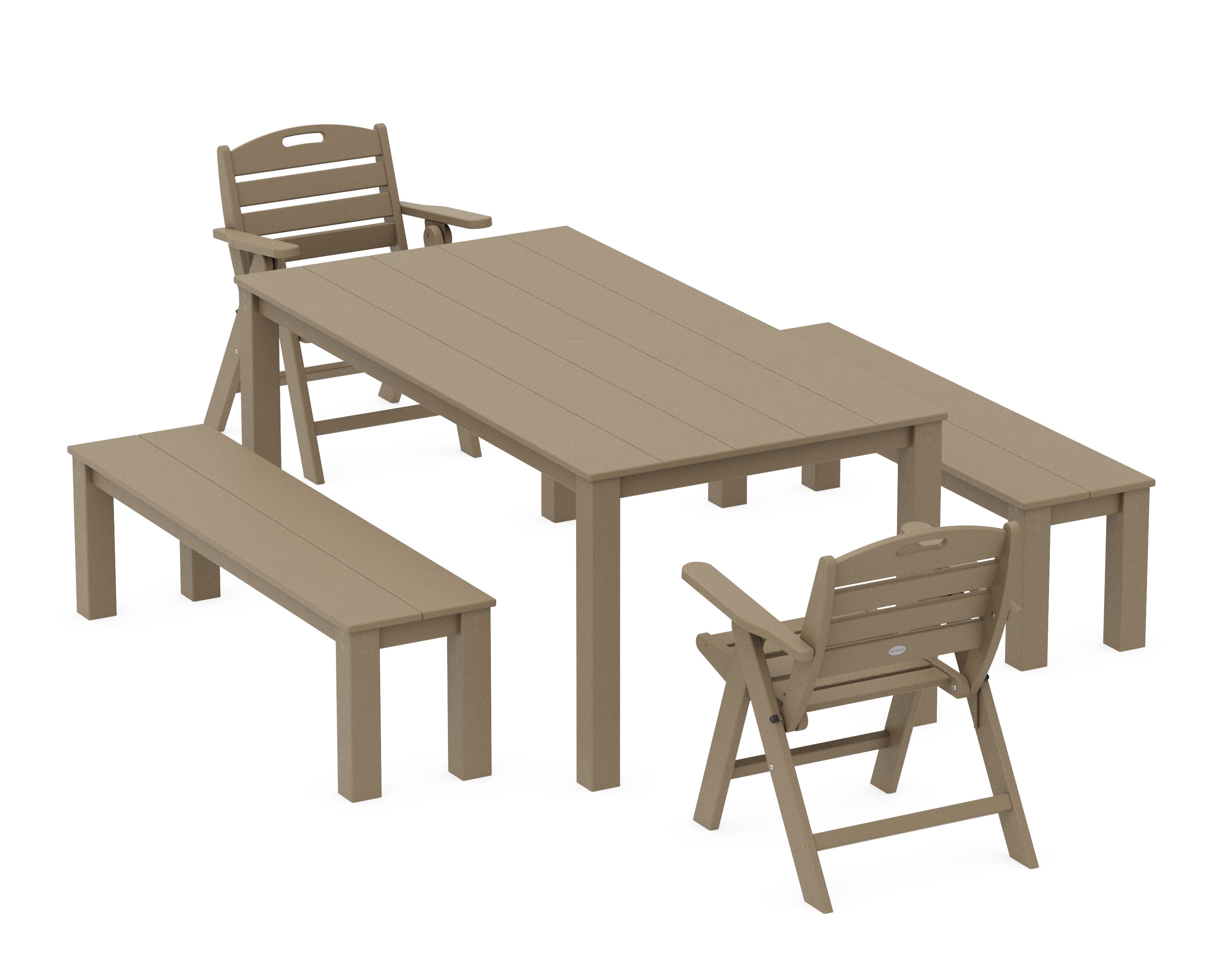 Nautical Folding Lowback Chair 5-Piece Parsons Dining Set with Benches in Vintage Sahara